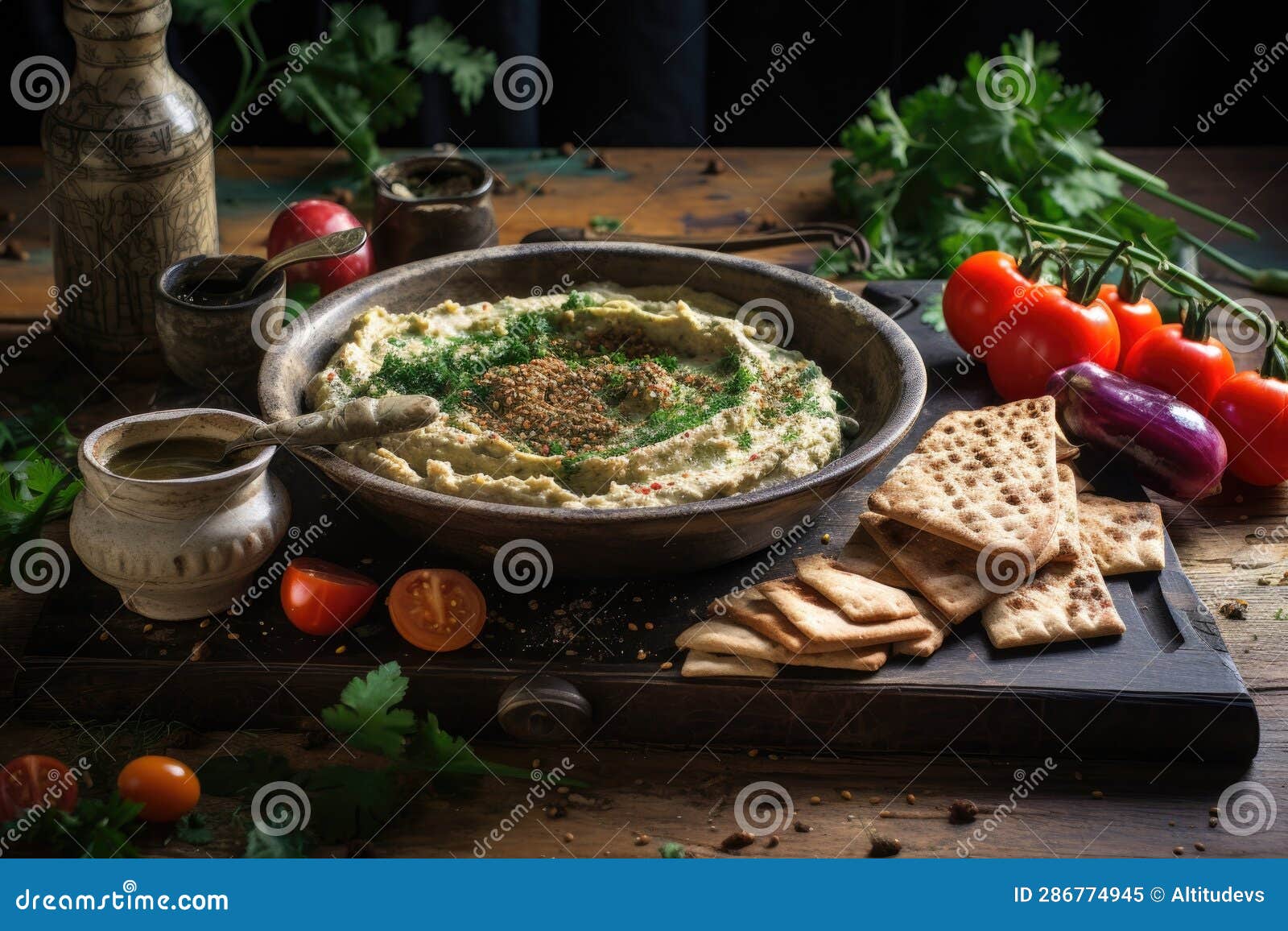 Creamy Hummus Spread on a Rustic Wooden Board Stock Illustration Illustration of generated