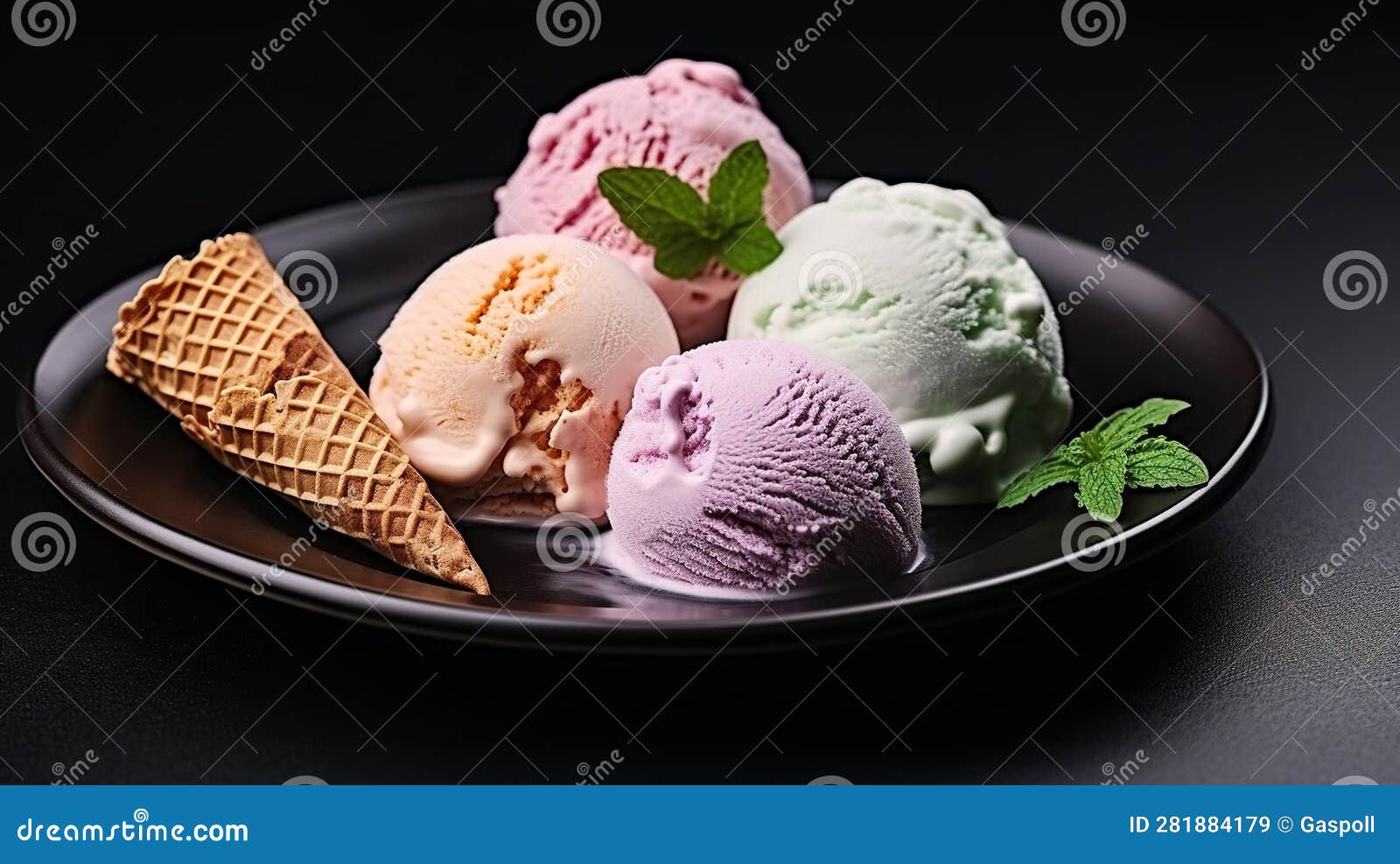 Creamy Ice Cream Delight Presented on a Dark Plate. Generative AI Stock