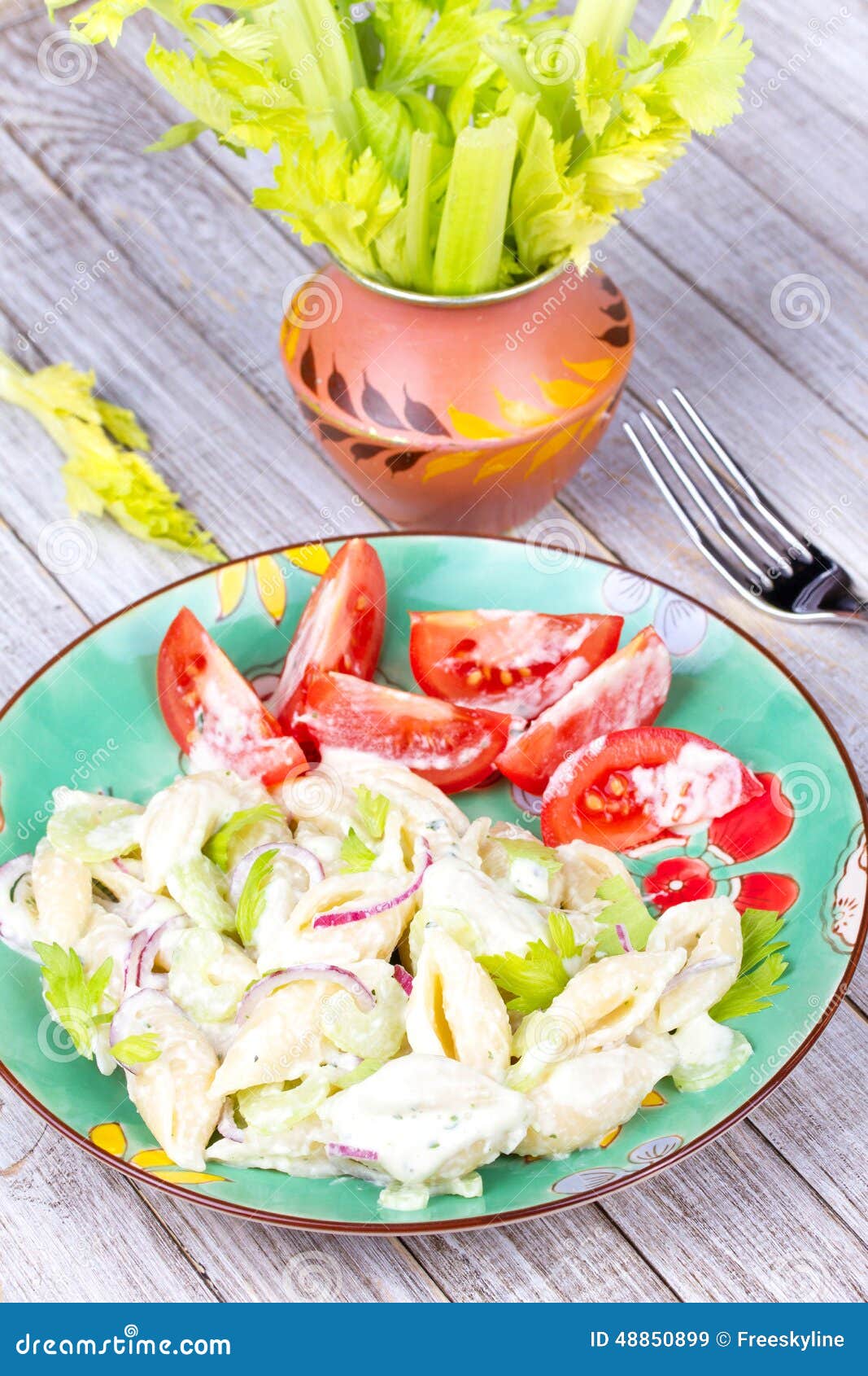 Creamy Pasta Salad with Celery and Red Onion. Stock Image Image of