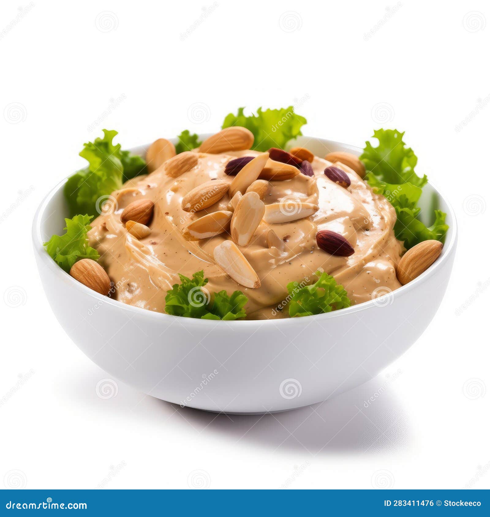 creamy peanut almond dip in white bowl - jonas burgert style