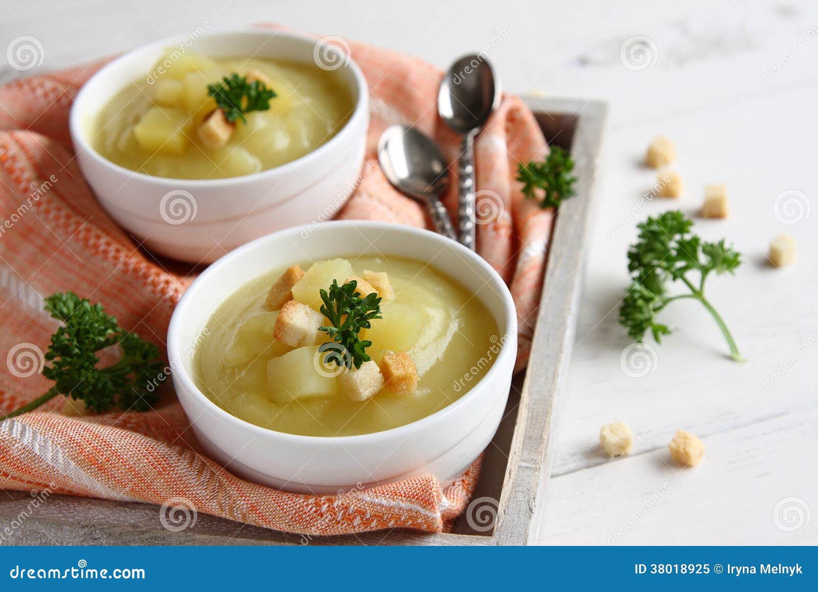 Creamy Sweet Potato Soup with Croutons and Parsley in White Bowl Stock ...