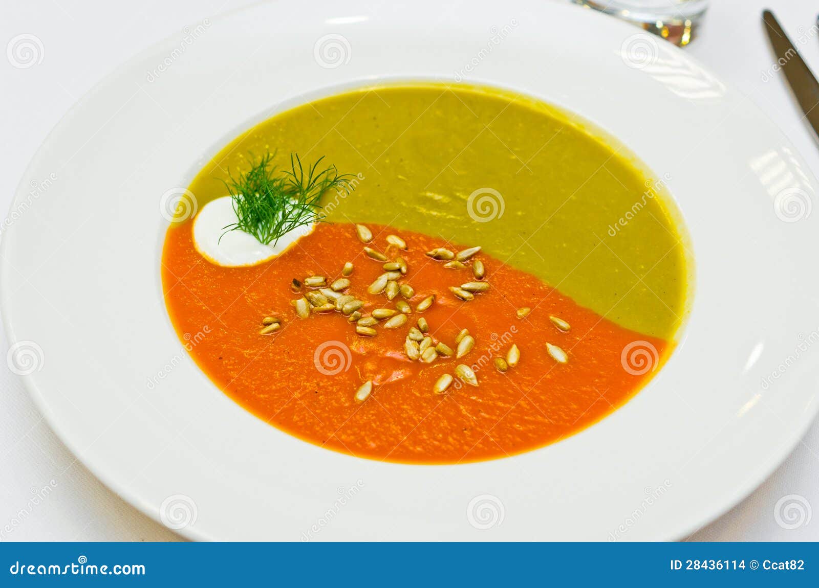 Creamy two colored soup stock photo. Image of broccoli 28436114