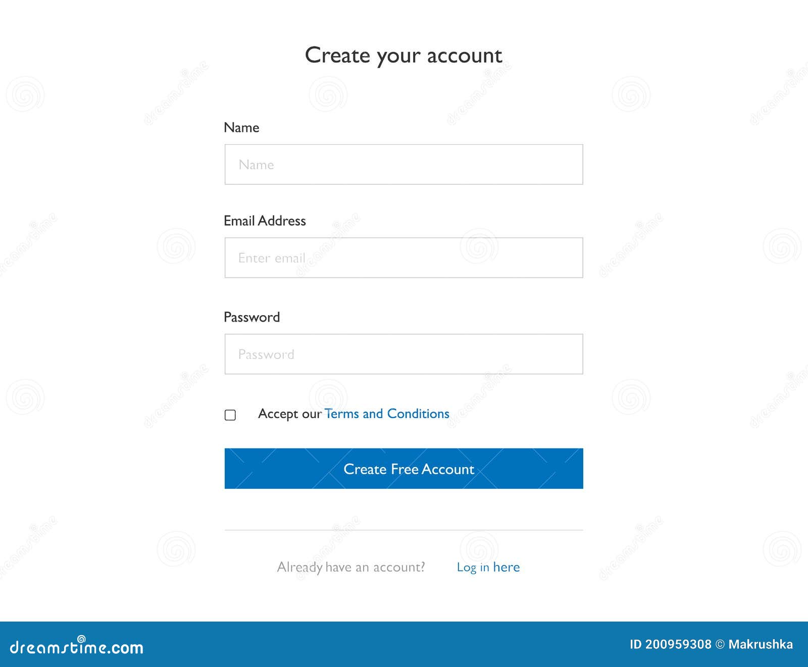 Create Account Form. Template of Registration Window. Mockup Login