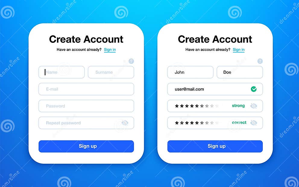 Create Account UI. Sign Up and Log in Form with Personal User Data ...