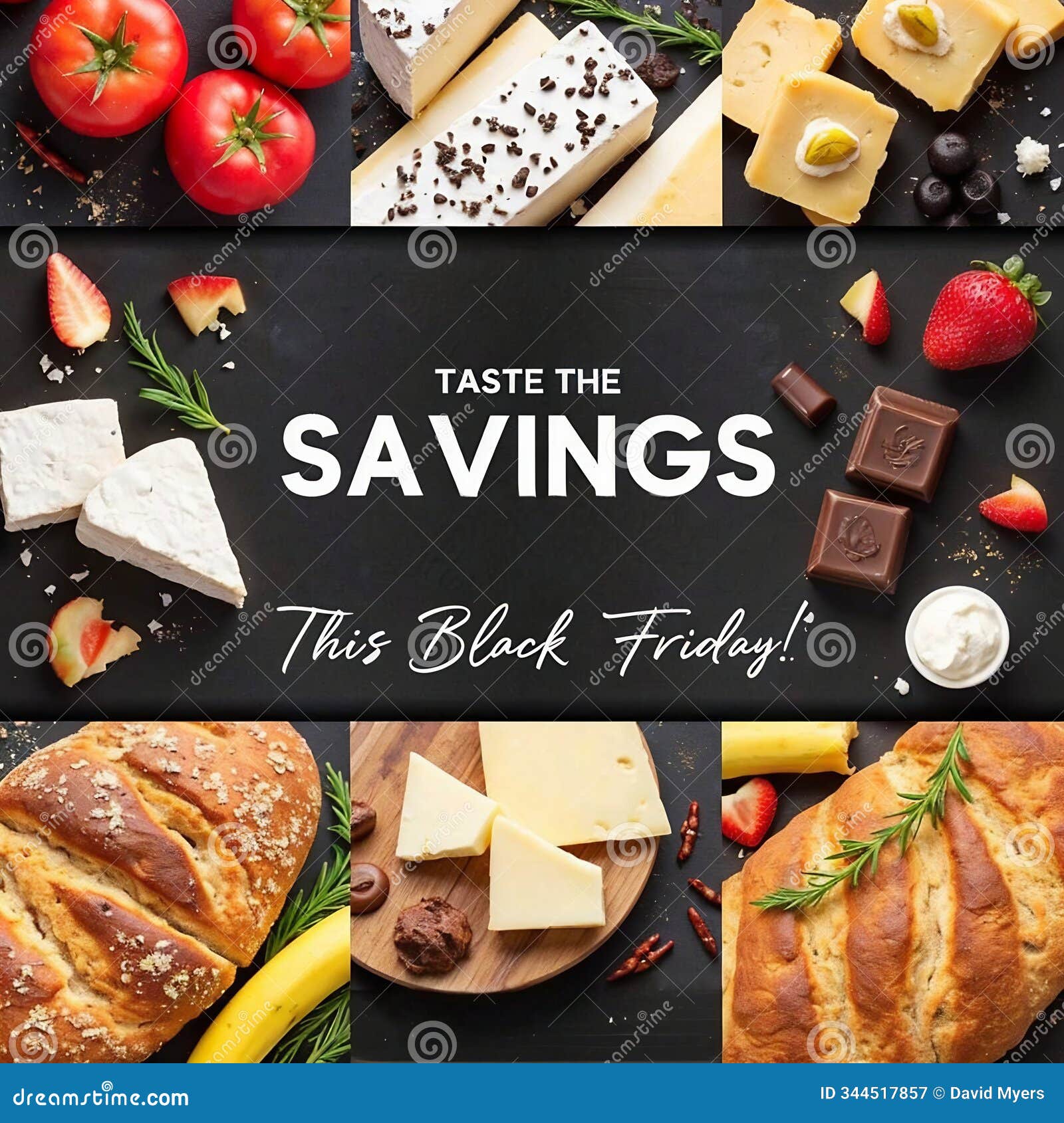 create an attractive black friday ad with the theme of cheese, pasta, and bread sale promotion.