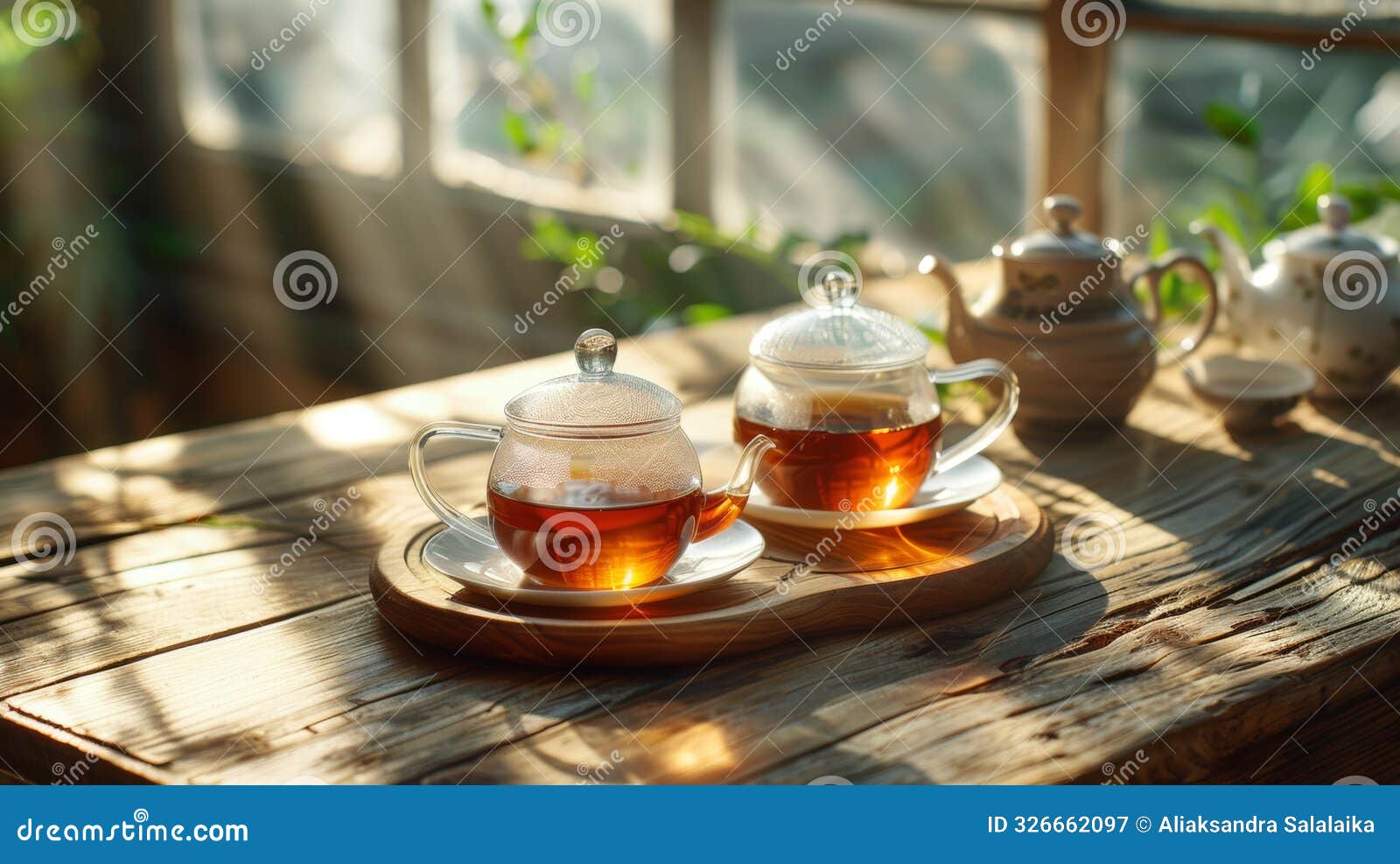 tea party invitation, create a chic tea party flyer with a modern tea set display on a rustic wooden table, leaving
