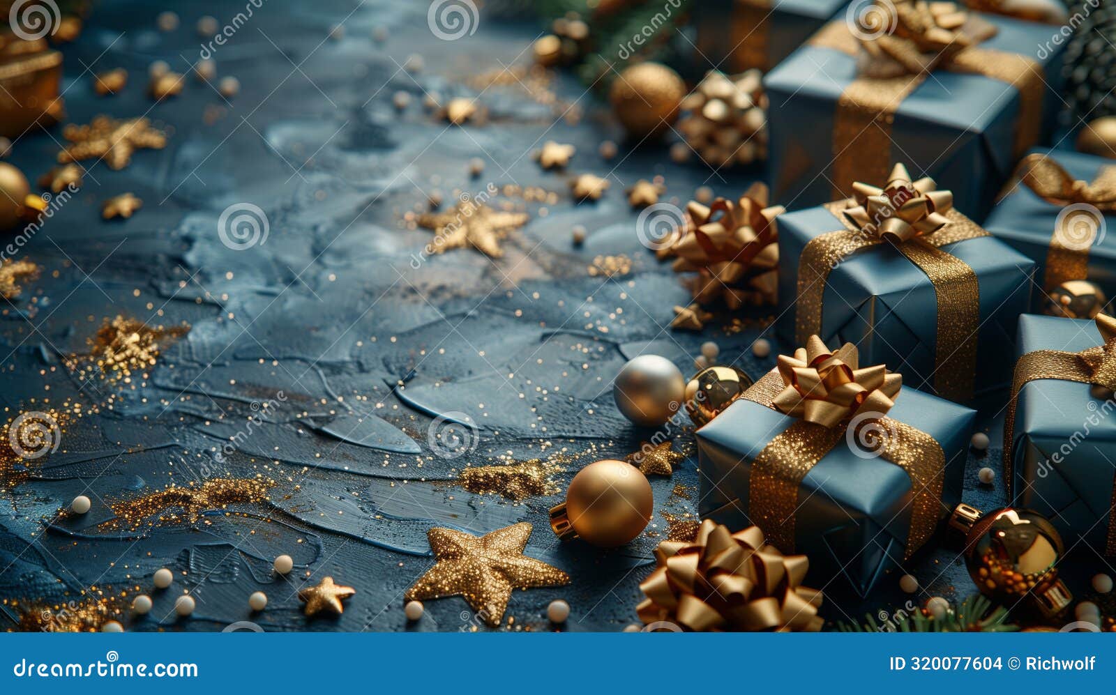 create a festive christmas ambiance by arranging gold wrapped gifts and festive decorations