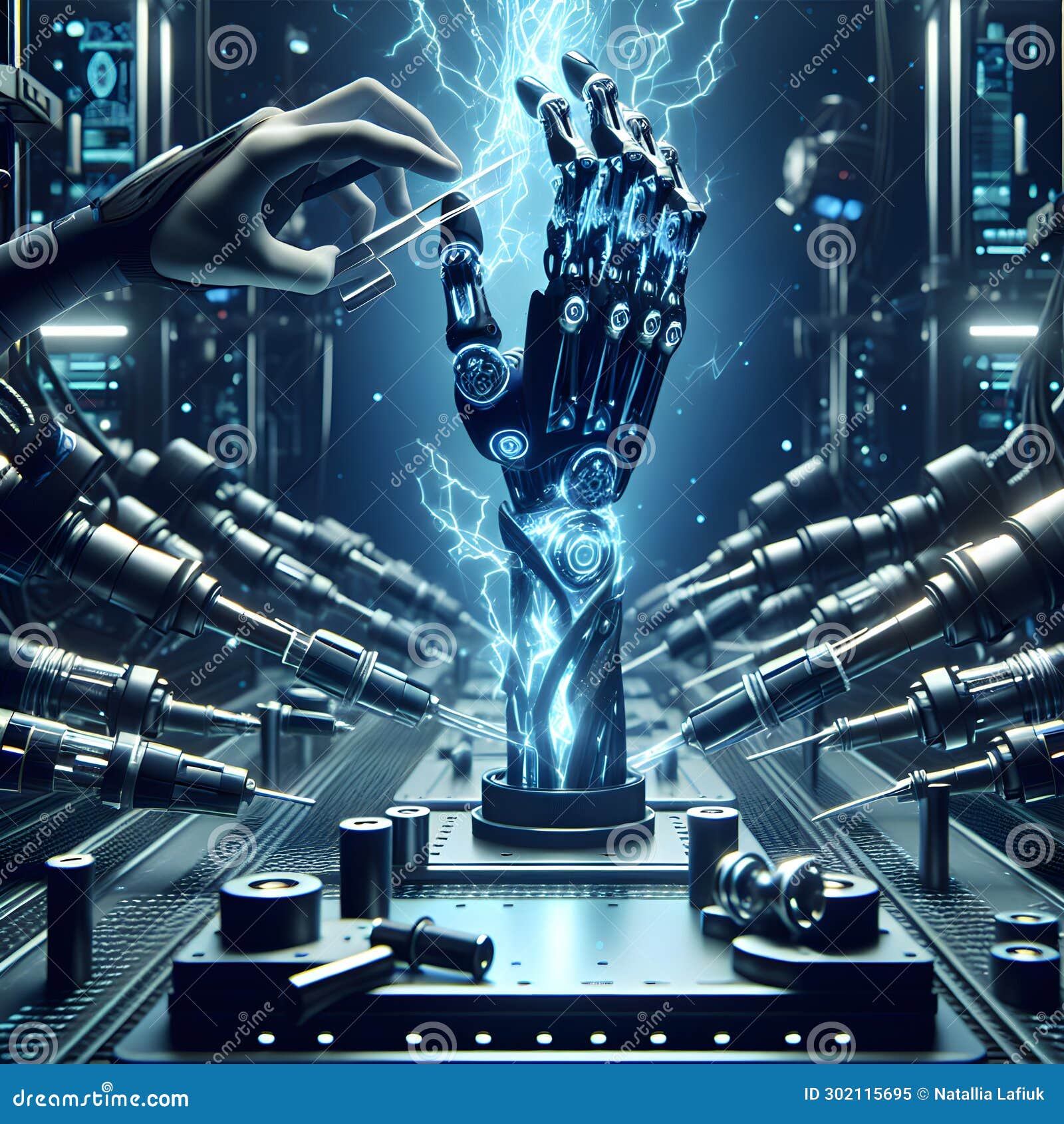 state-of-the-art intricately detailed bionic prosthetic of arm depicted in a striking dark blue hue