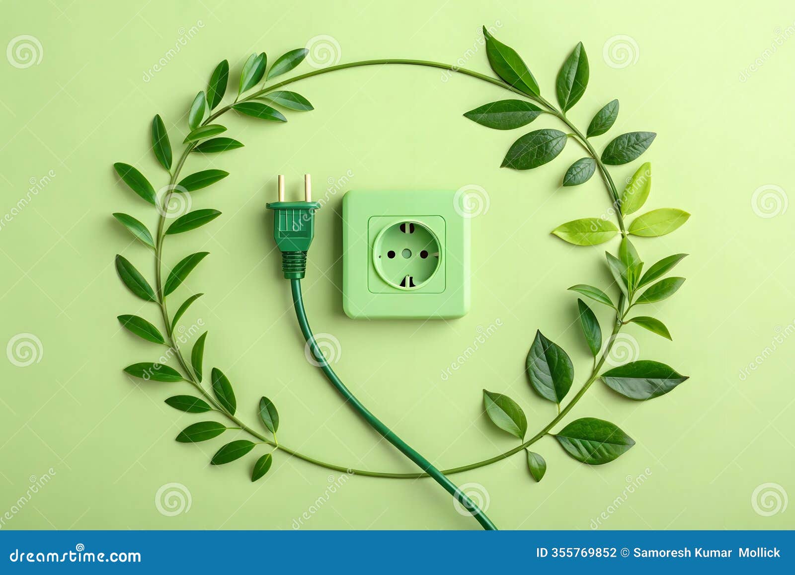 create a minimalist and eco-friendly composition featuring a green power outlet and plug