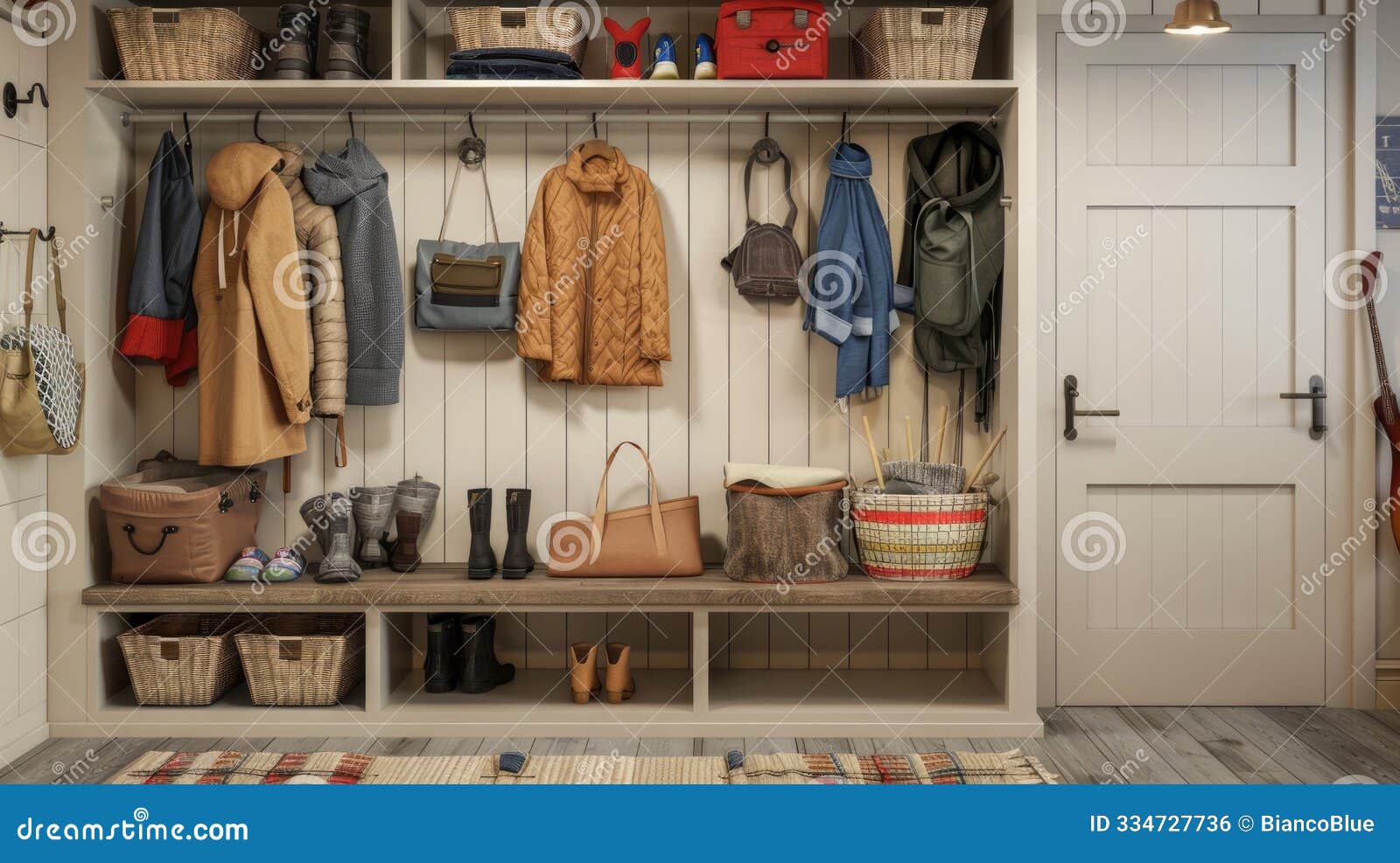 create a stylish mudroom with bench seating for coat organization, providing a welcoming entryway aig59