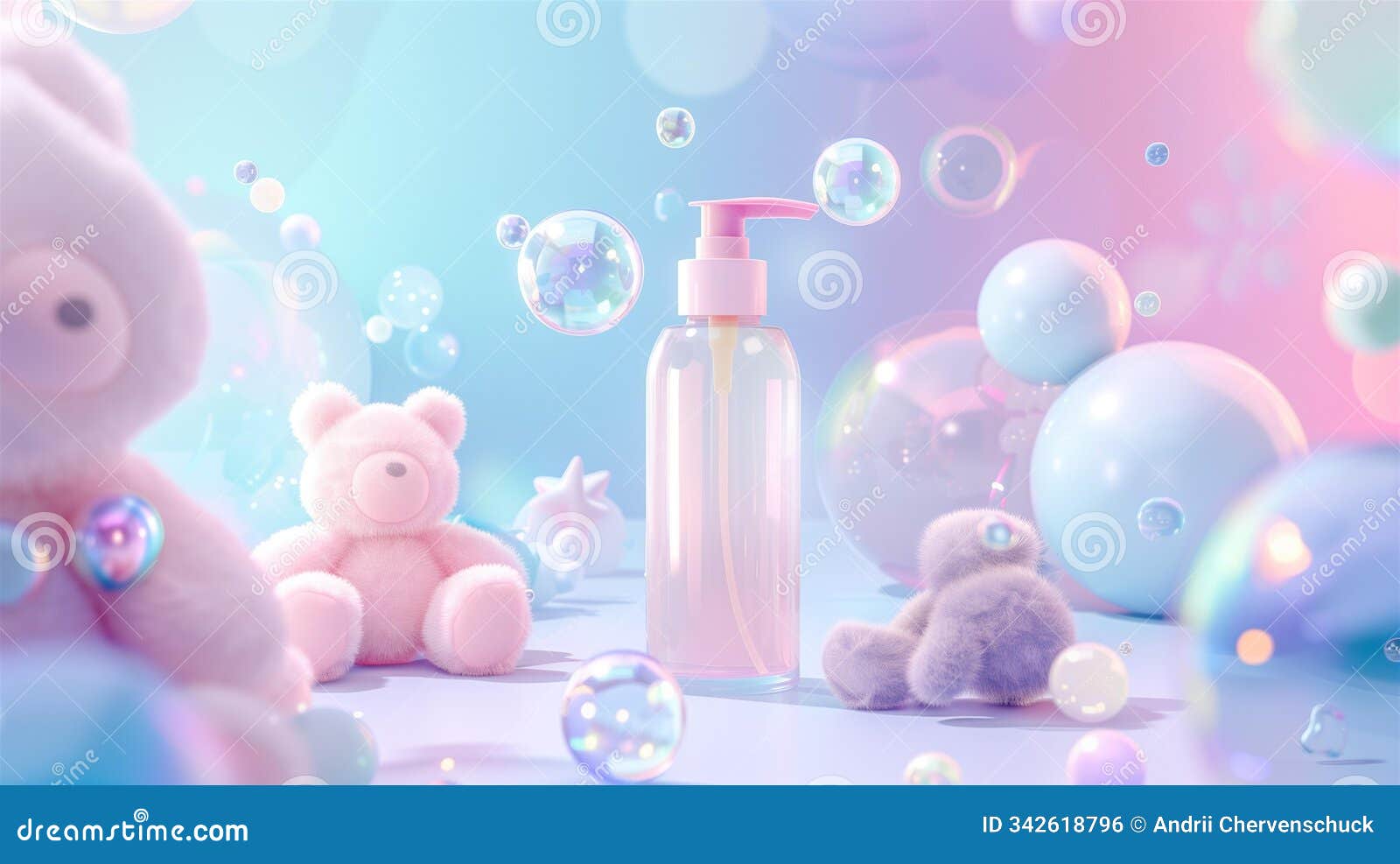 playful and delicate baby skincare product mockup with soft pastels and teddy bear