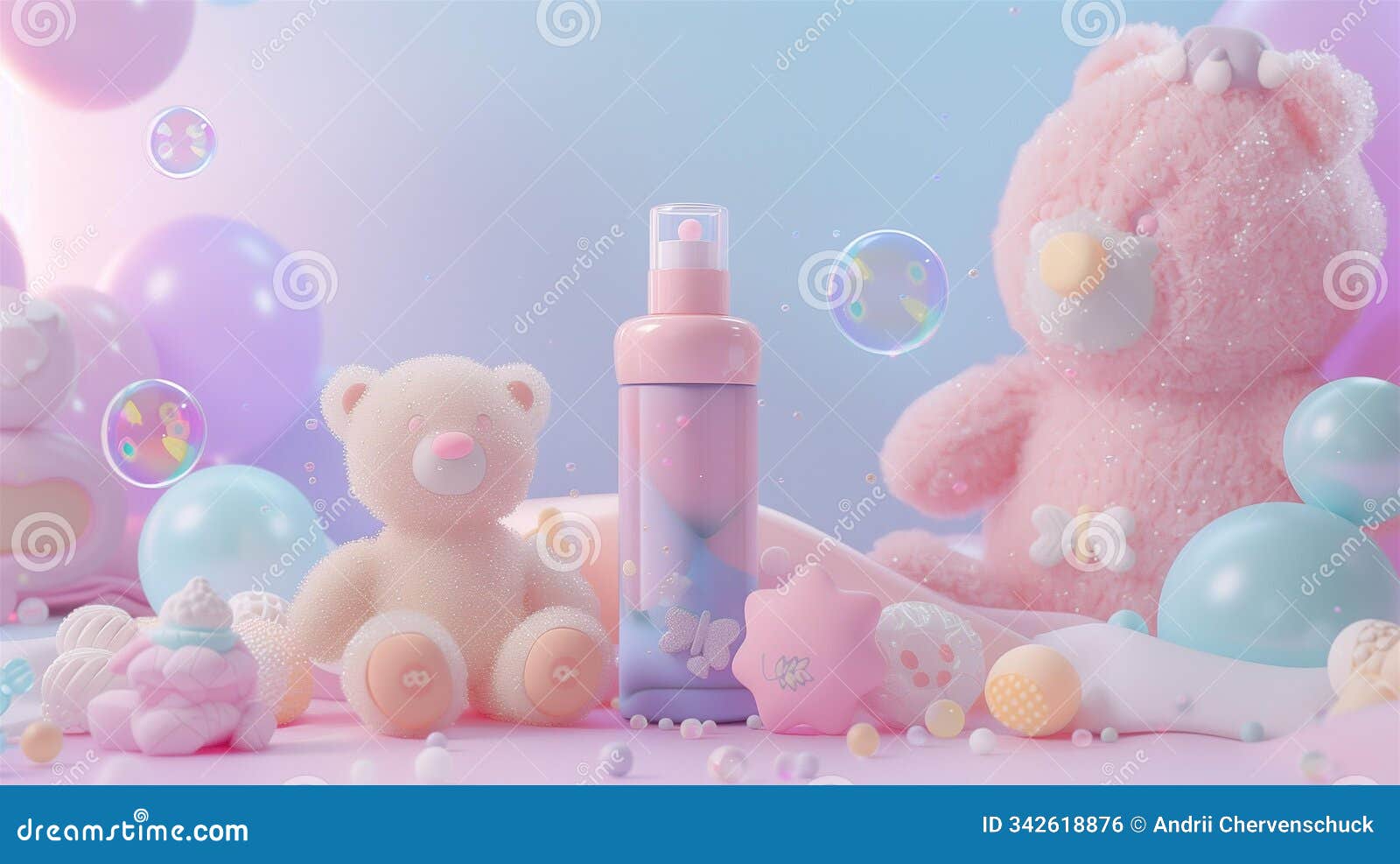 playful and delicate baby skincare product mockup with soft pastels and teddy bear