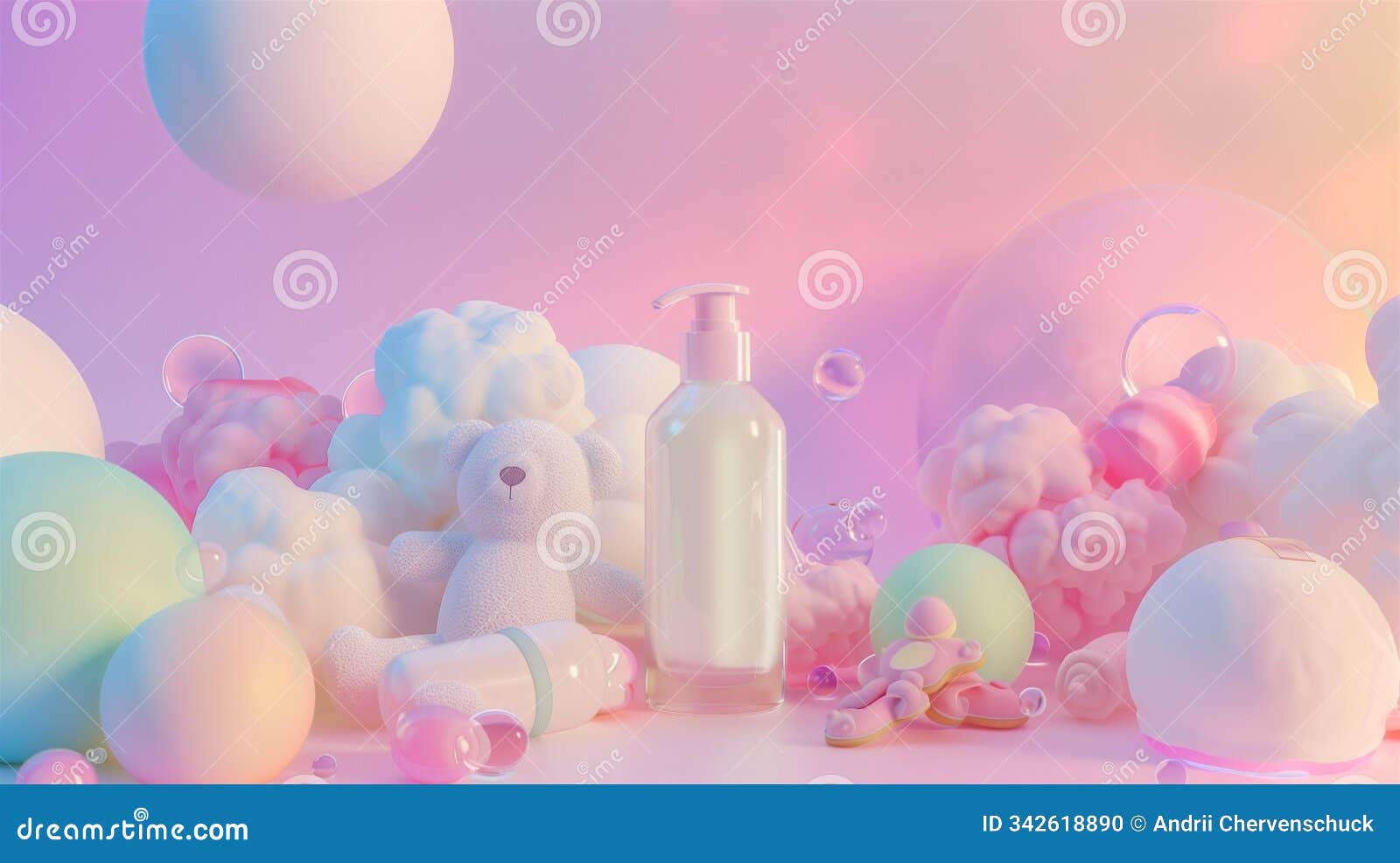 playful and delicate baby skincare product mockup with soft pastels and teddy bear