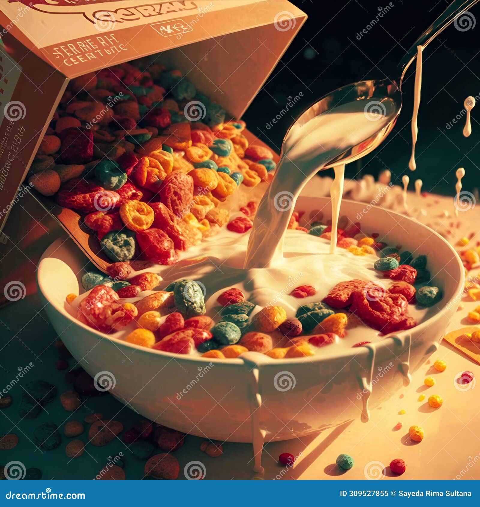 dry cornflakes in a bowl with milk ai generated
