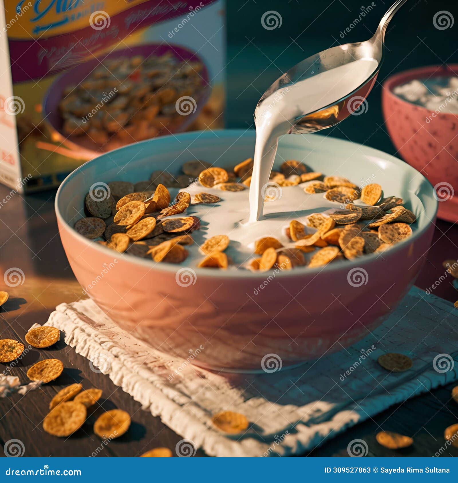 dry cornflakes in a bowl with milk ai generated