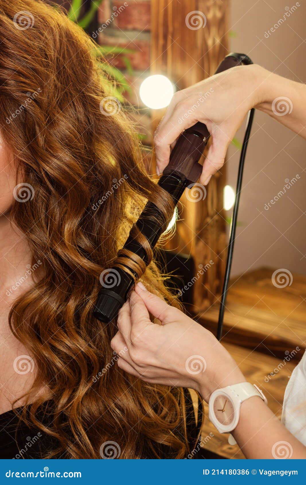 Hair Styling Process. Wave Curls. Beauty Industry. Stock Photo - Image of  glamour, iron: 214180386