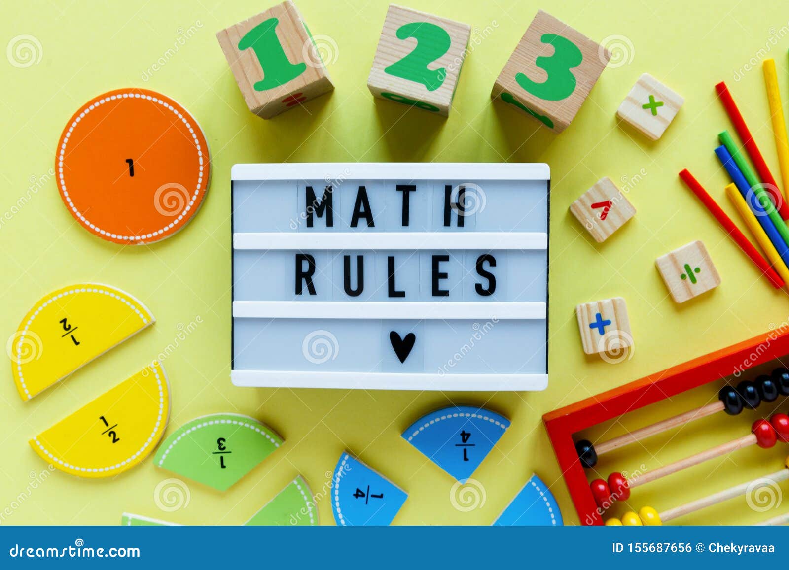 Creative Ð¡olorful Blocks, Light Box, Fractions on Yellow Background.  Interesting Funny Math for Kids Stock Photo - Image of child, class:  155687656