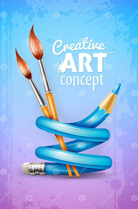 Creative Art Concept with Twisted Pencil and Brushes for Drawing Stock ...