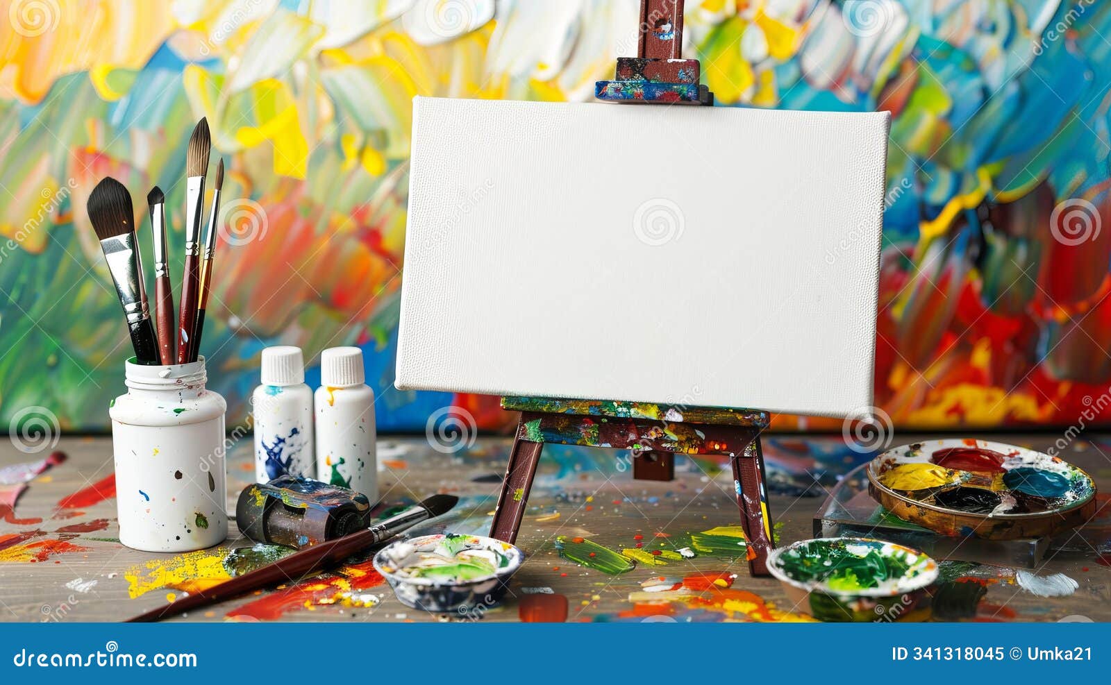 creative art studio: blank canvas on easel with colorful paints and brushes