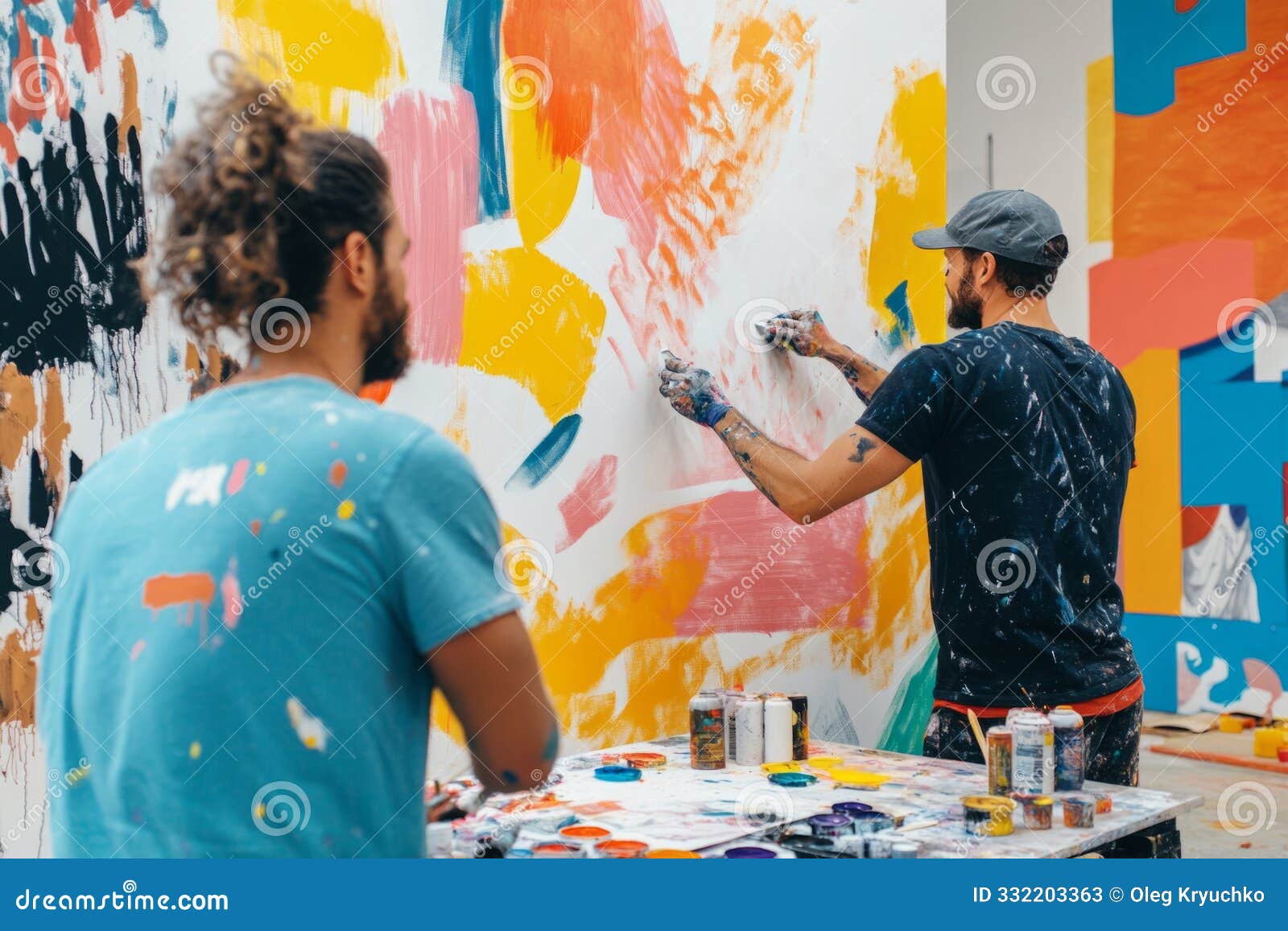 creative artists immerse in a vibrant painting session. bright colors and unique styles define this artistic