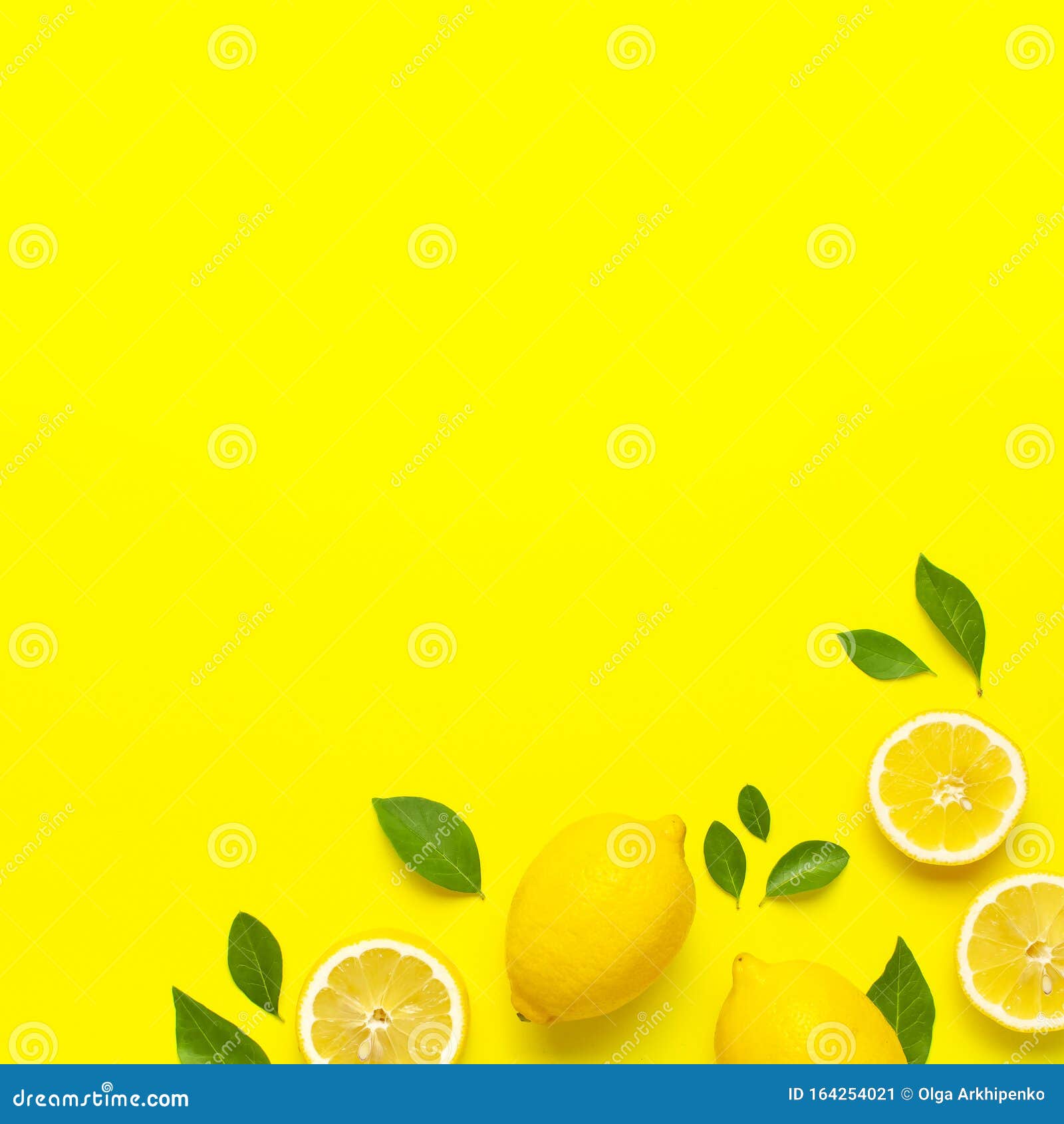 Creative Background with Fresh Lemons and Green Leaves on Bright Yellow  Background. Top View Flat Lay Copy Space Stock Image - Image of isolated,  lemon: 164254021