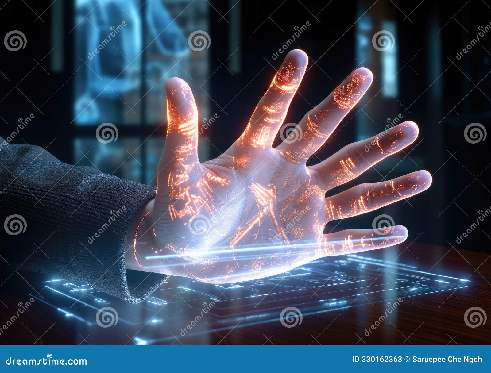 creative background a man hand with the hologram dark background the concept of cloud technology cloud storage and a new