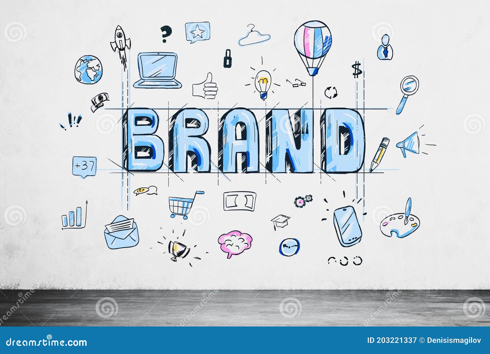 Creative Brand Sketch Drawn in Concrete Wall Room Stock Illustration ...