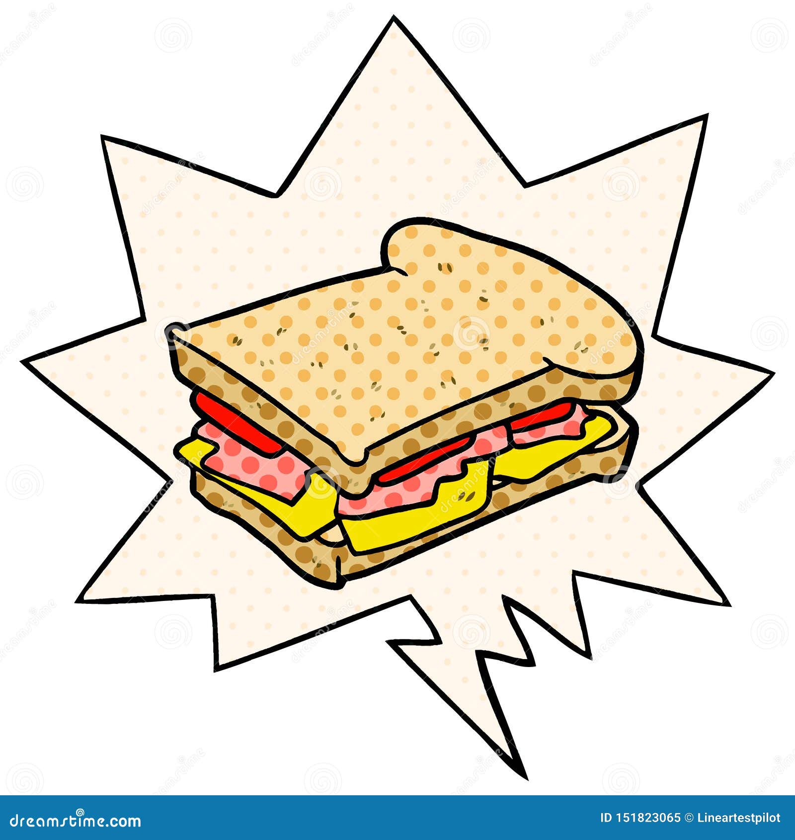 A Creative Cartoon Ham Cheese Tomato Sandwich and Speech Bubble in