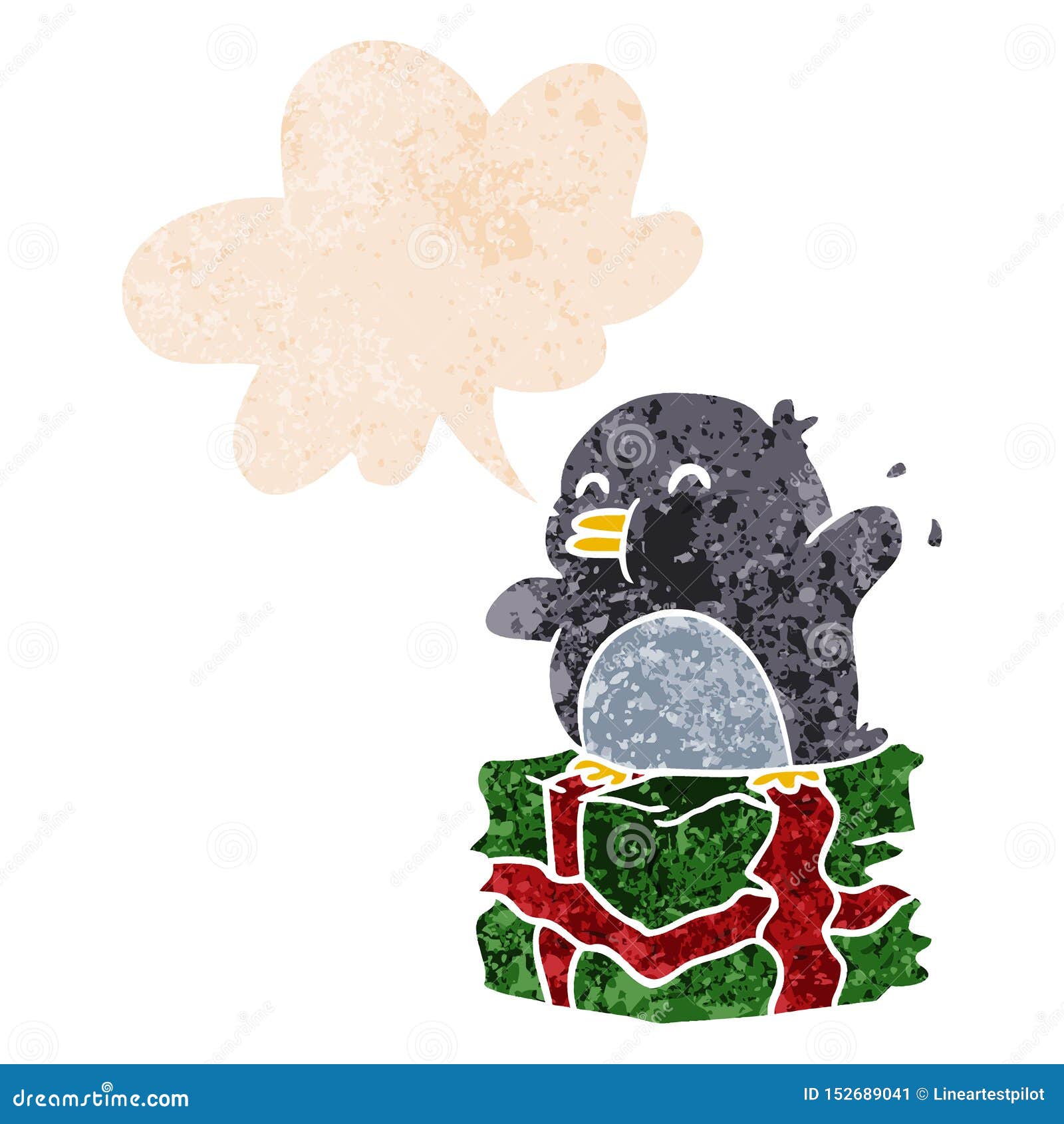 A Creative Cartoon Penguin on Present and Speech Bubble in Retro
