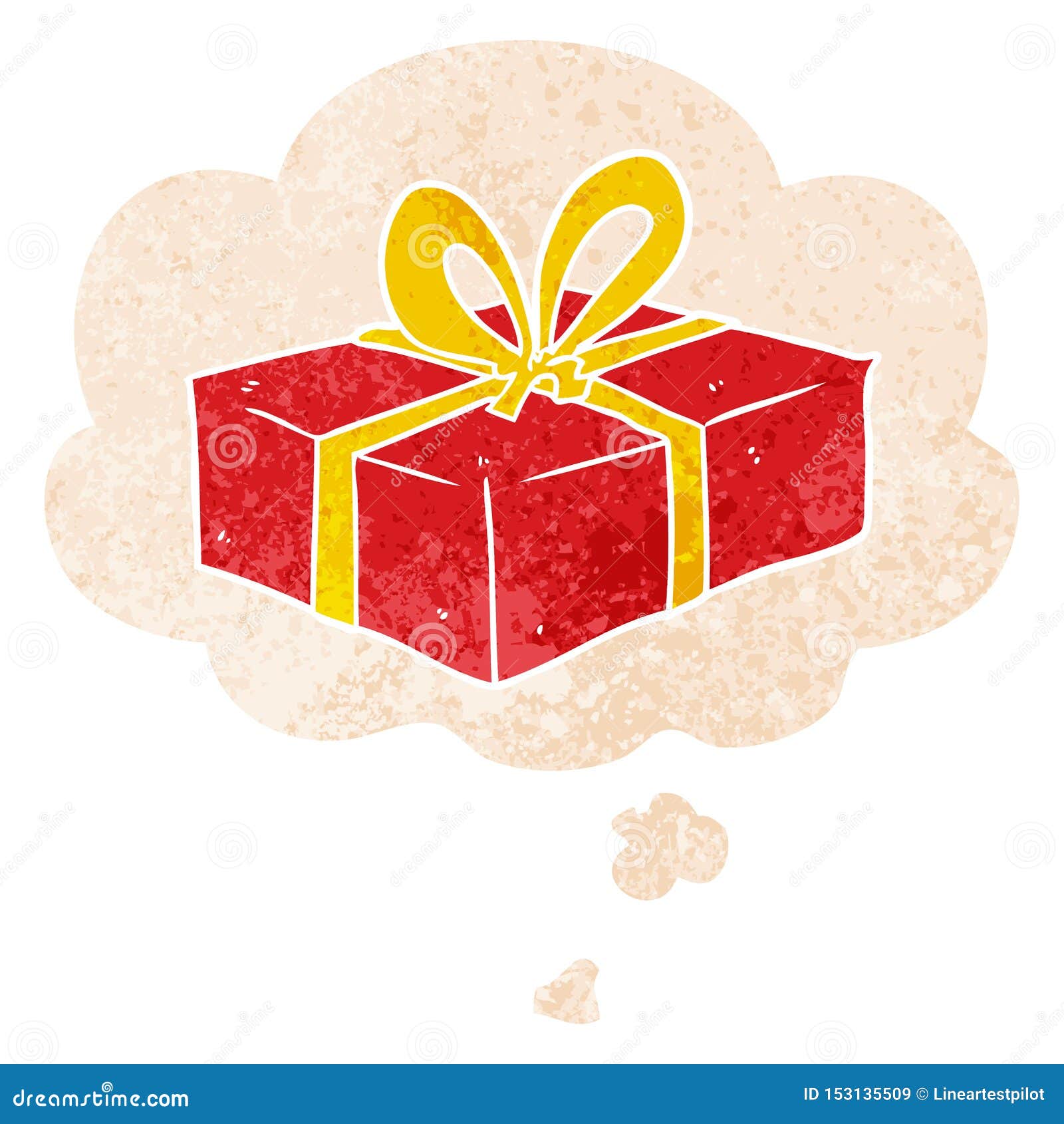 A Creative Cartoon Wrapped Gift and Thought Bubble in Retro Textured