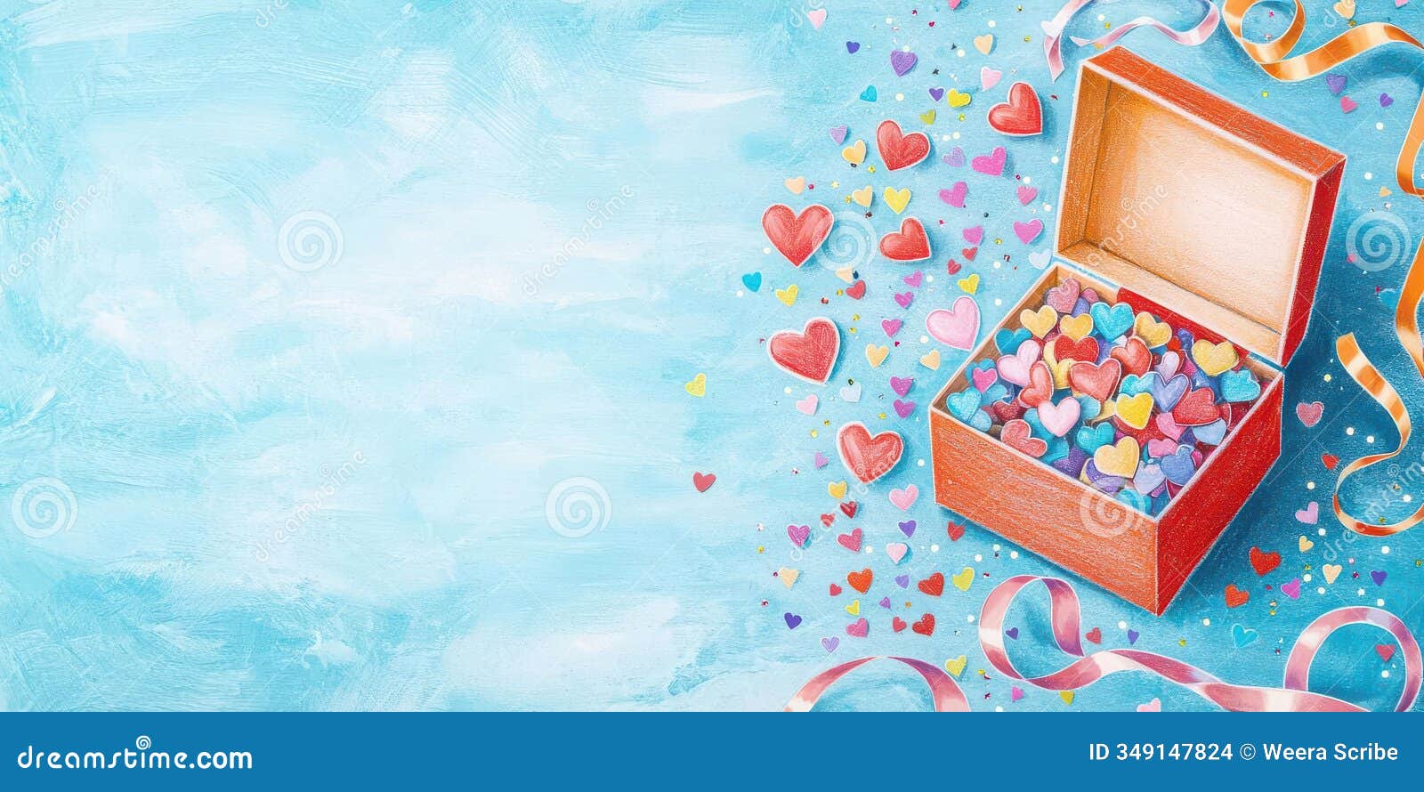 a creative chalk drawing of an open gift box, heart-d confetti spilling out, surrounded by ribbons and sparkles, celebratory