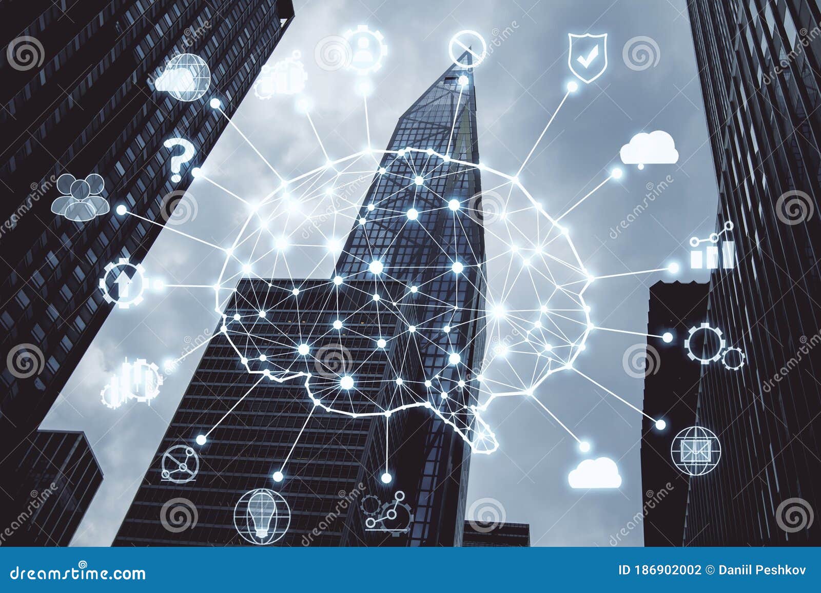 Creative City Background with AI Brain Interface Stock Photo Image of