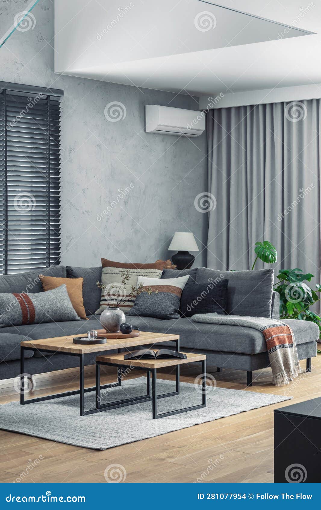Creative Composition of Elegant Living Room Interior with Grey Corner