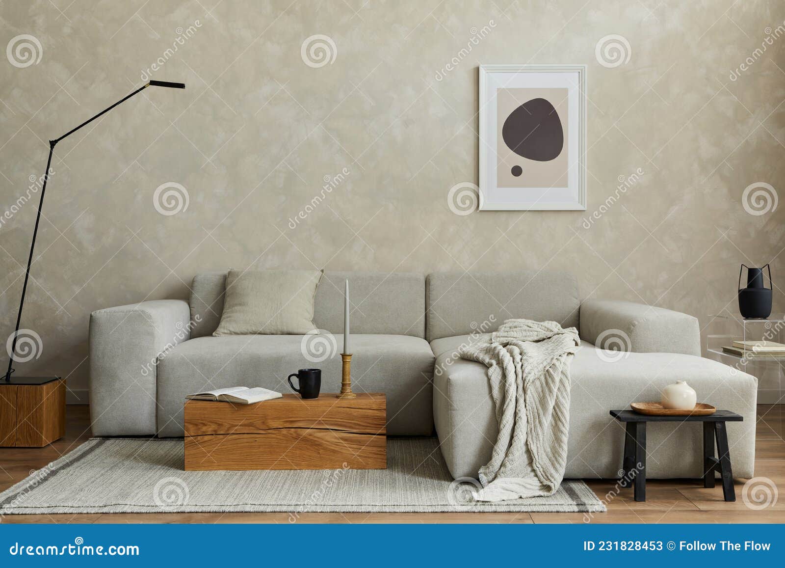 creative composition of stylish japandi living room with mock up poster frame, grey sofa, wooden cubes,  vases and small.