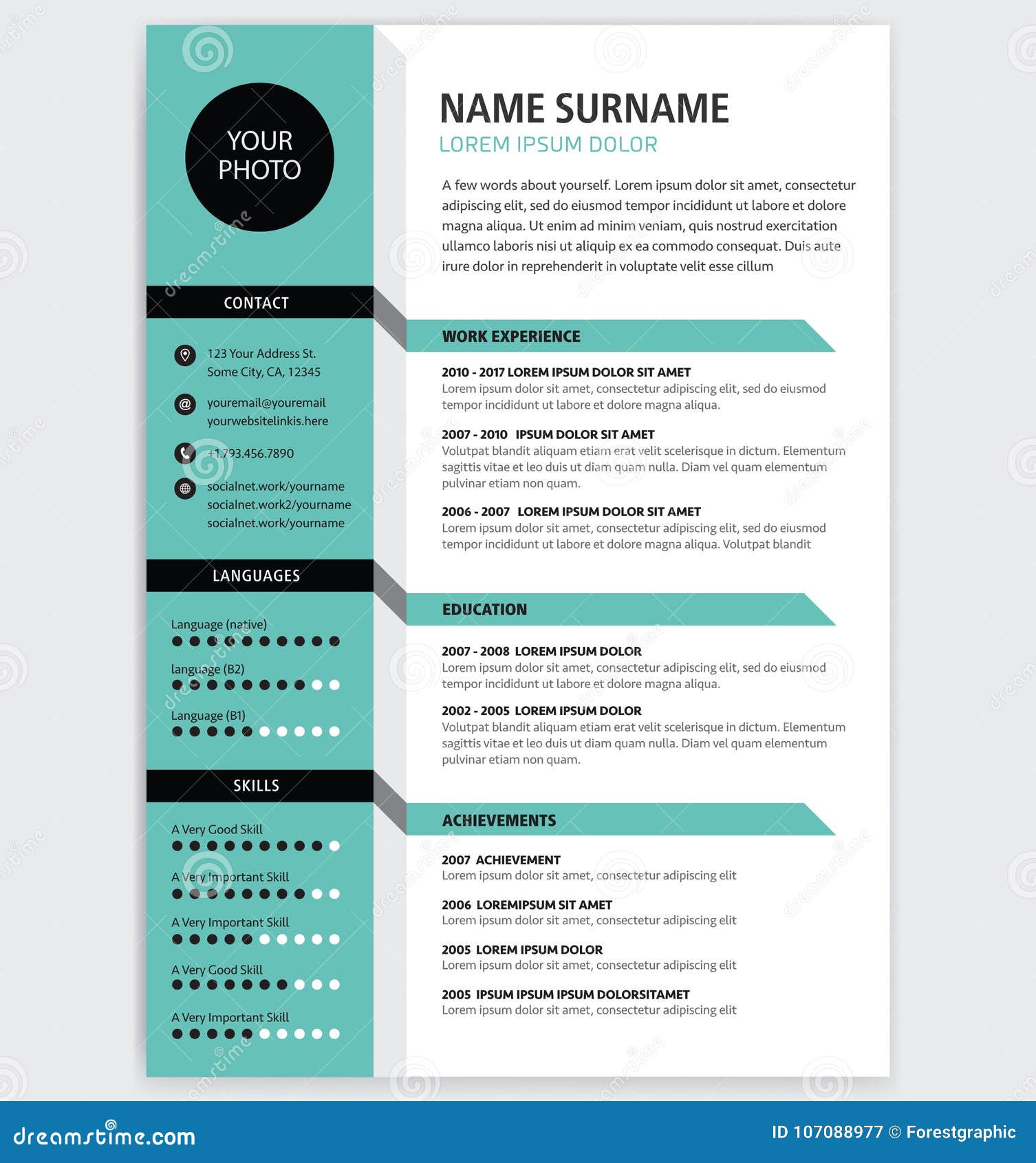 Creative CV / Resume Template Green Color Minimalist Stock Vector -  Illustration of document, flat: 107088977