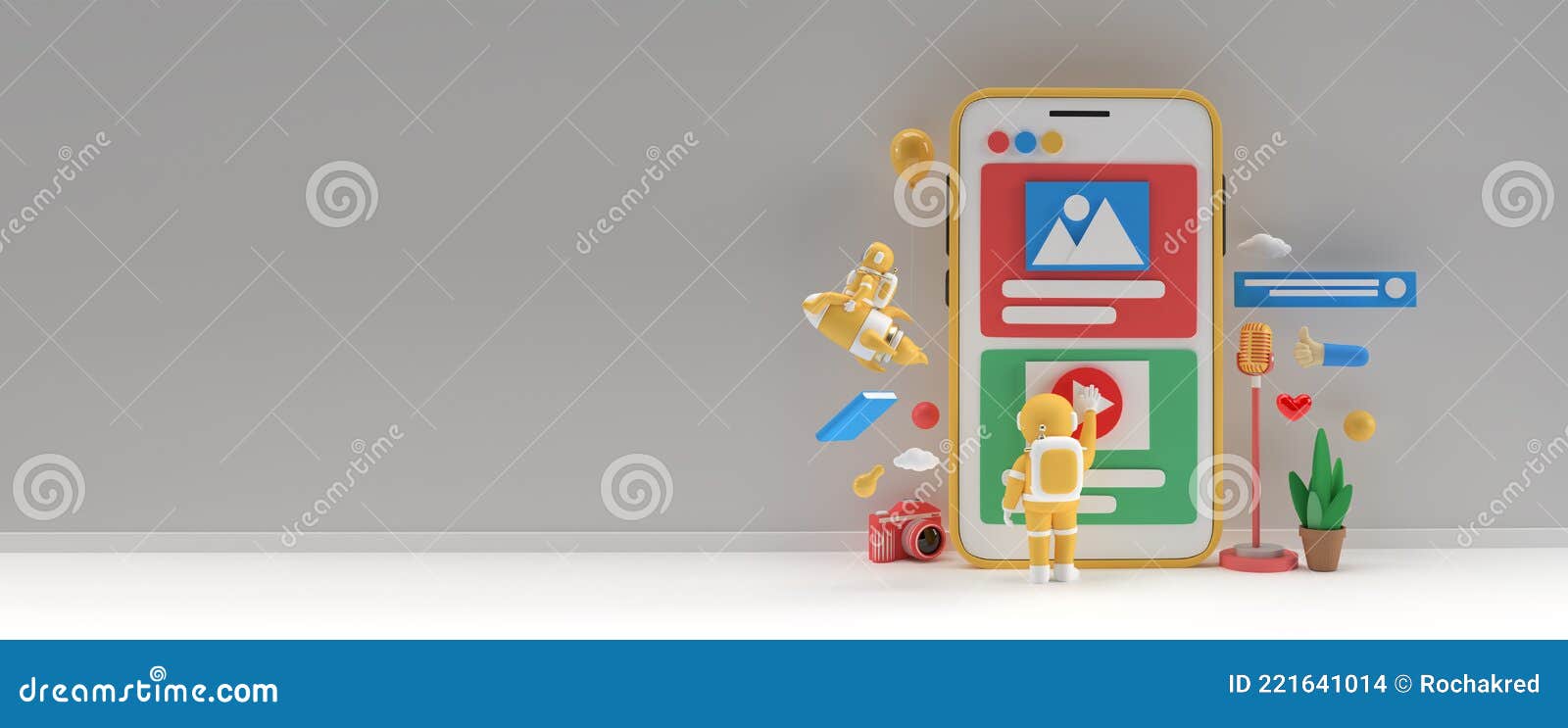 creative 3d render astronaut flying with rocket and play video buttoon for web development banner, marketing material,