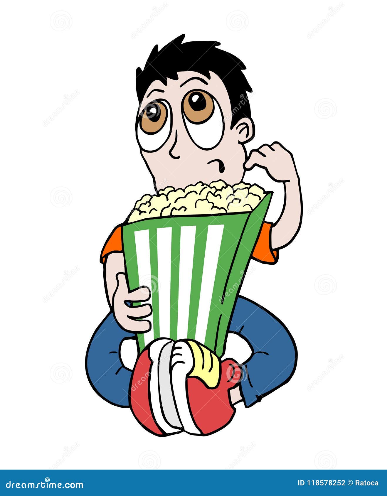 Boy eating popcorn stock vector. Illustration of look 118578252