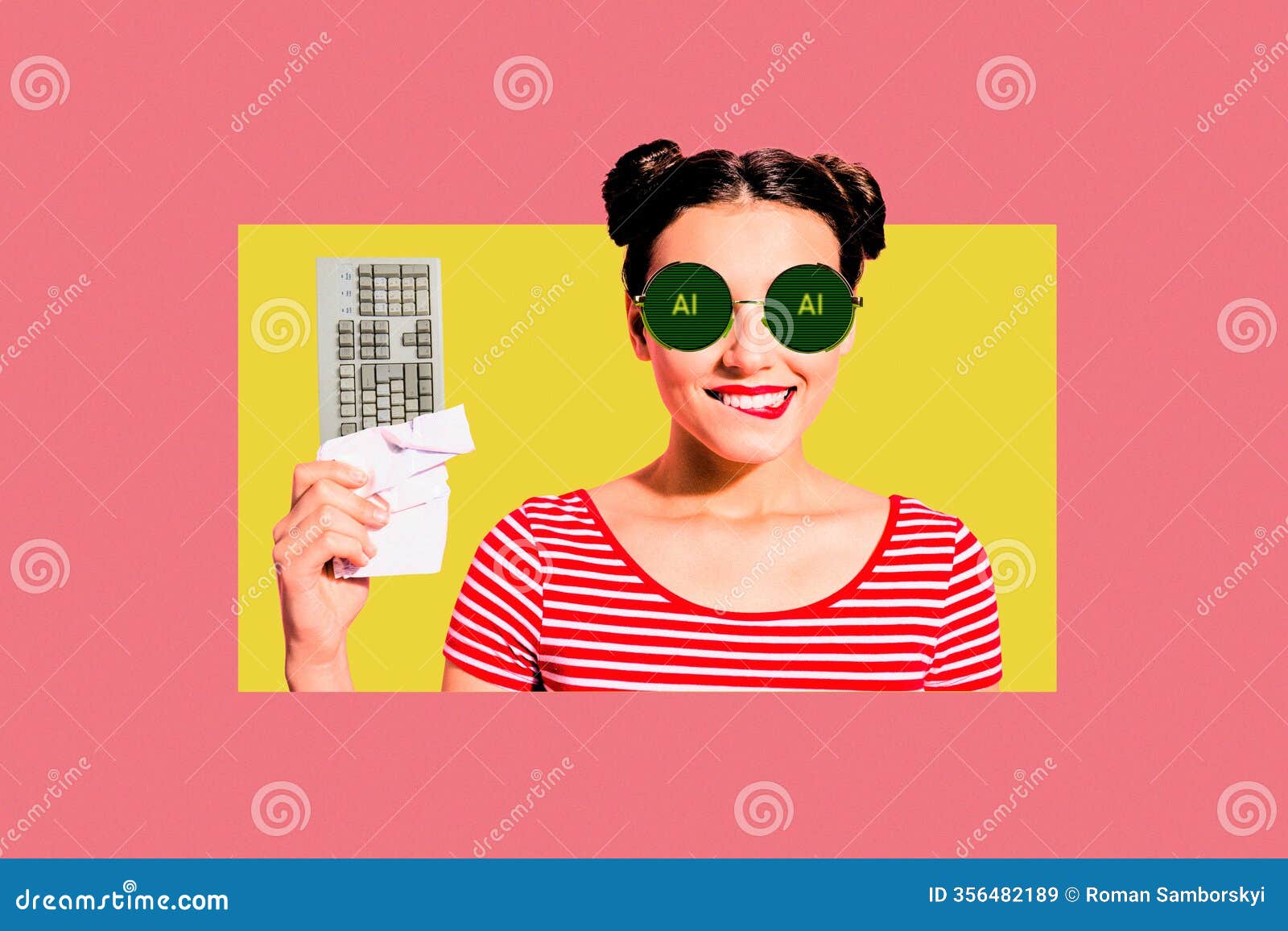 creative  composite artwork collage of pop style portrait young woman eyewear gpt data bot cyberspace support