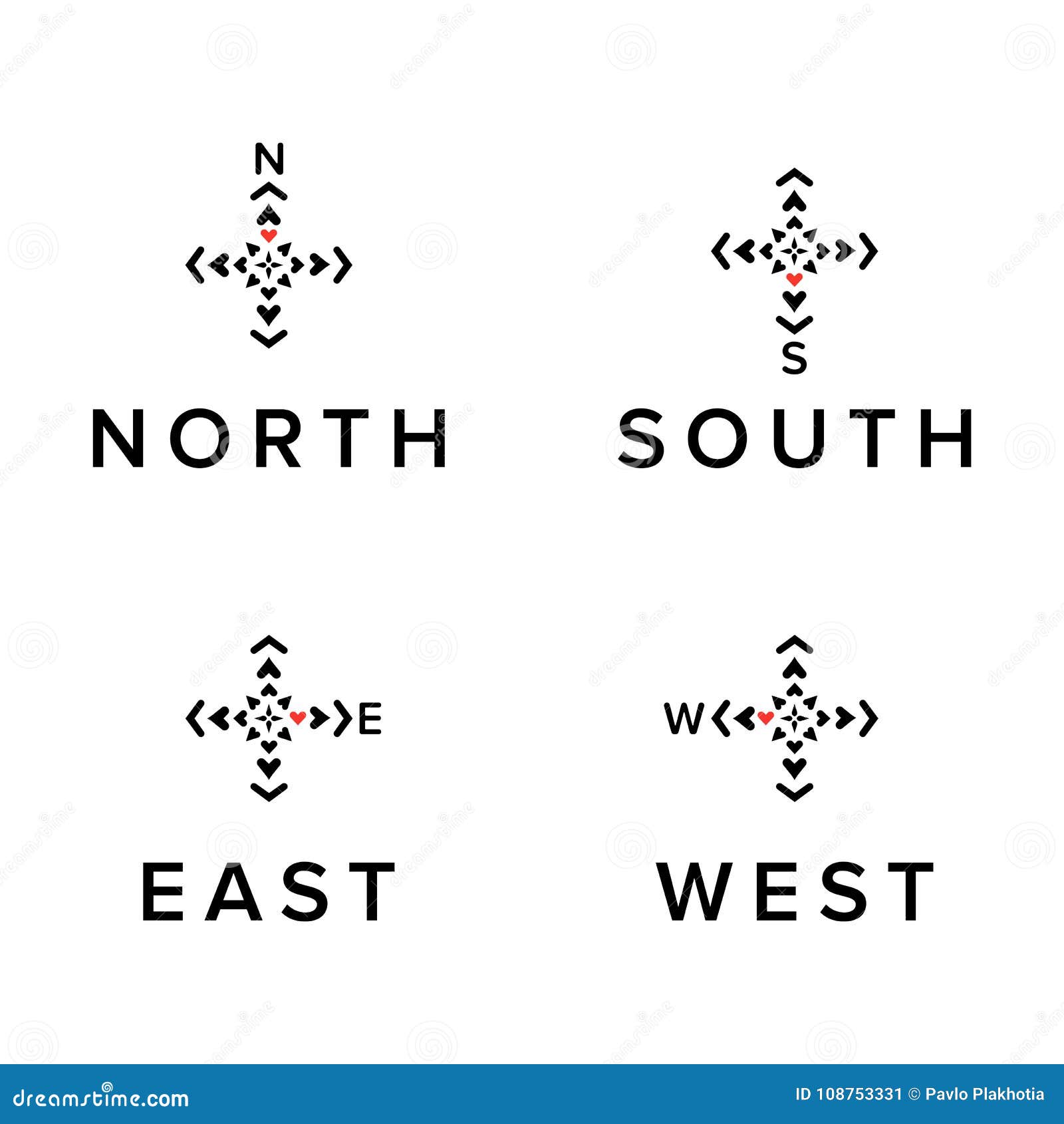 Creative Direction Logos Set. North, South, East, West Symbols Stock