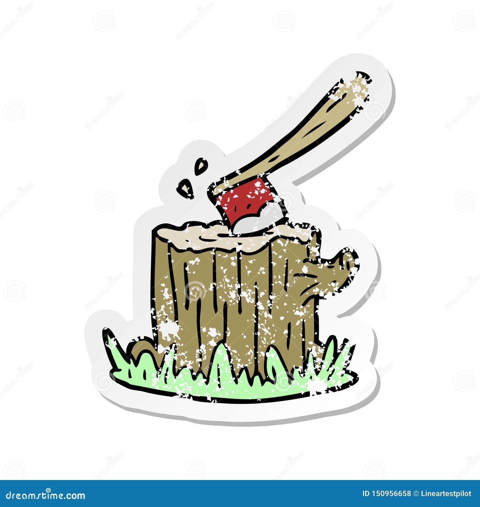 A Creative Distressed Sticker of a Cartoon Axe in Tree Stump Stock