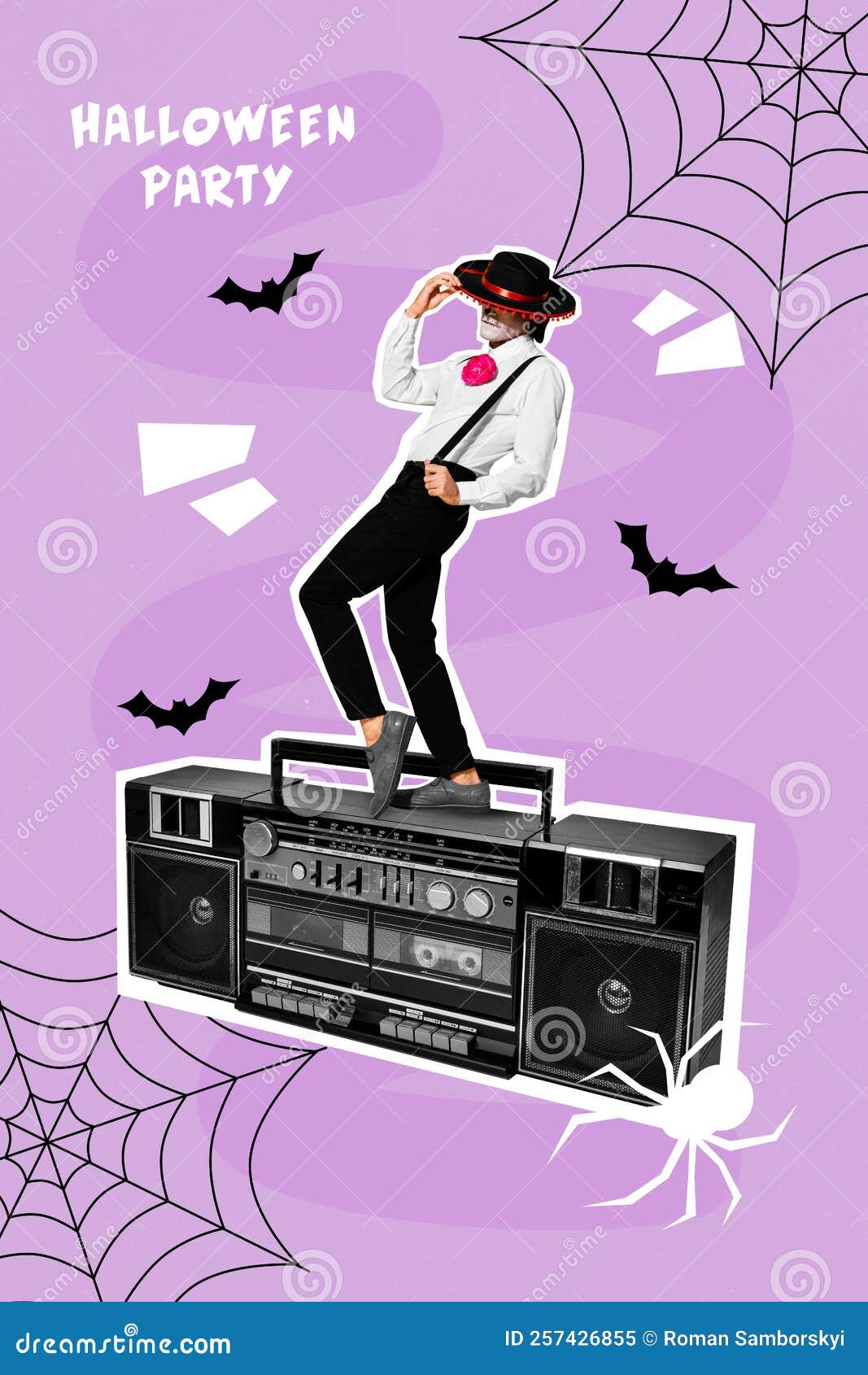 creative drawing collage picture of dancing young mariachi caballero halloween dead costume zombie retro vintage tape