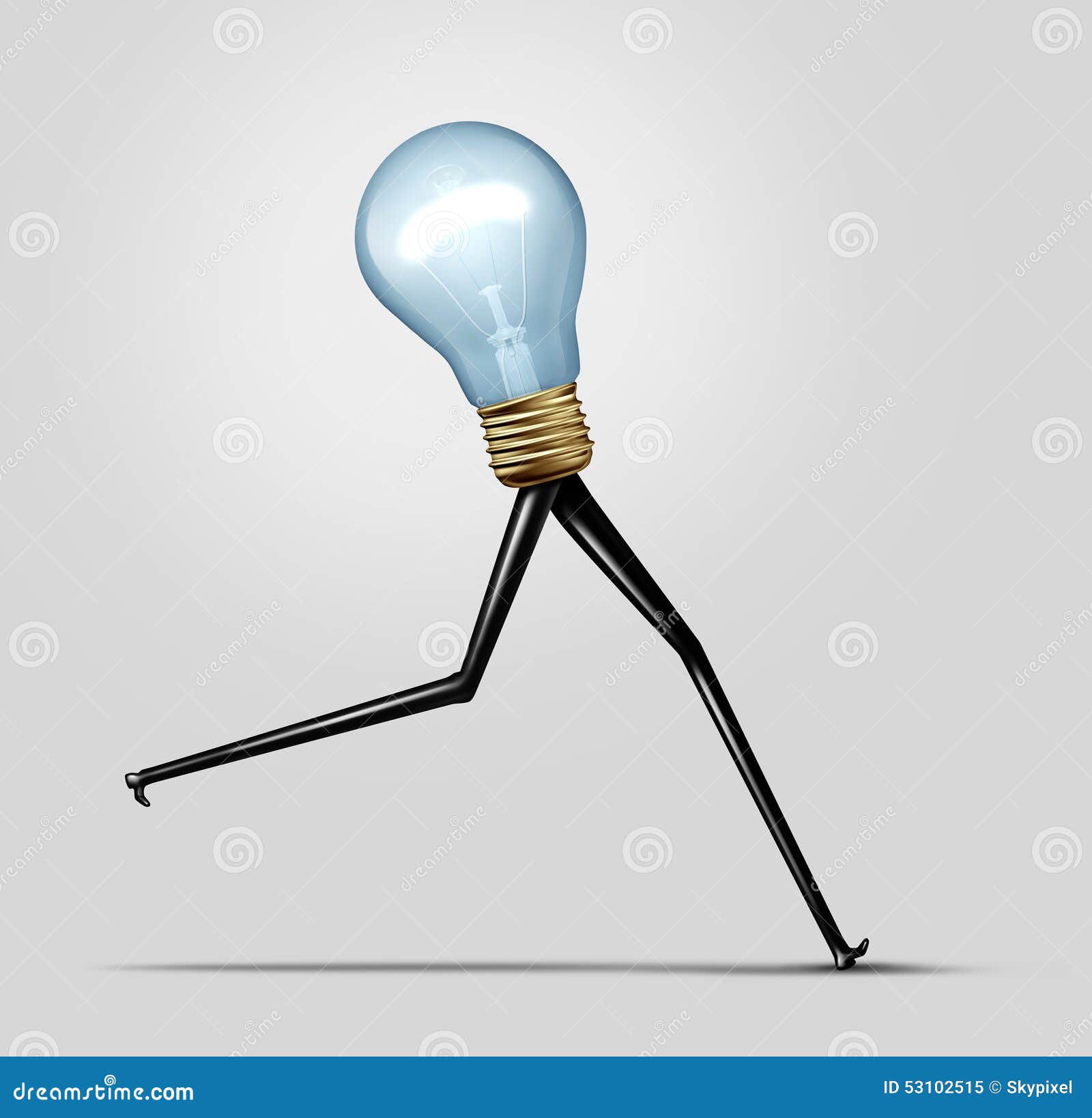 Creative energy and quick thinking business concept as a glowing bright light bulb with long legs running fast as a creativity performance metaphor for fast production and idea solution.