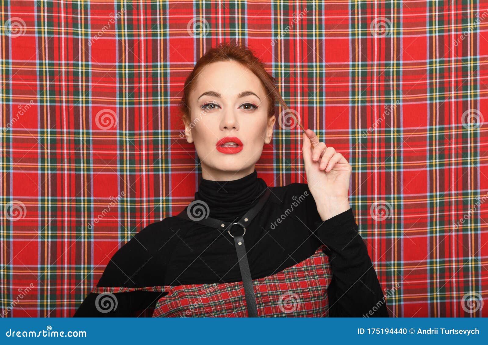A Girl in a Plaid Dress Poses Against Same Fabric Stock Photo - Image of  person, business: 175194440