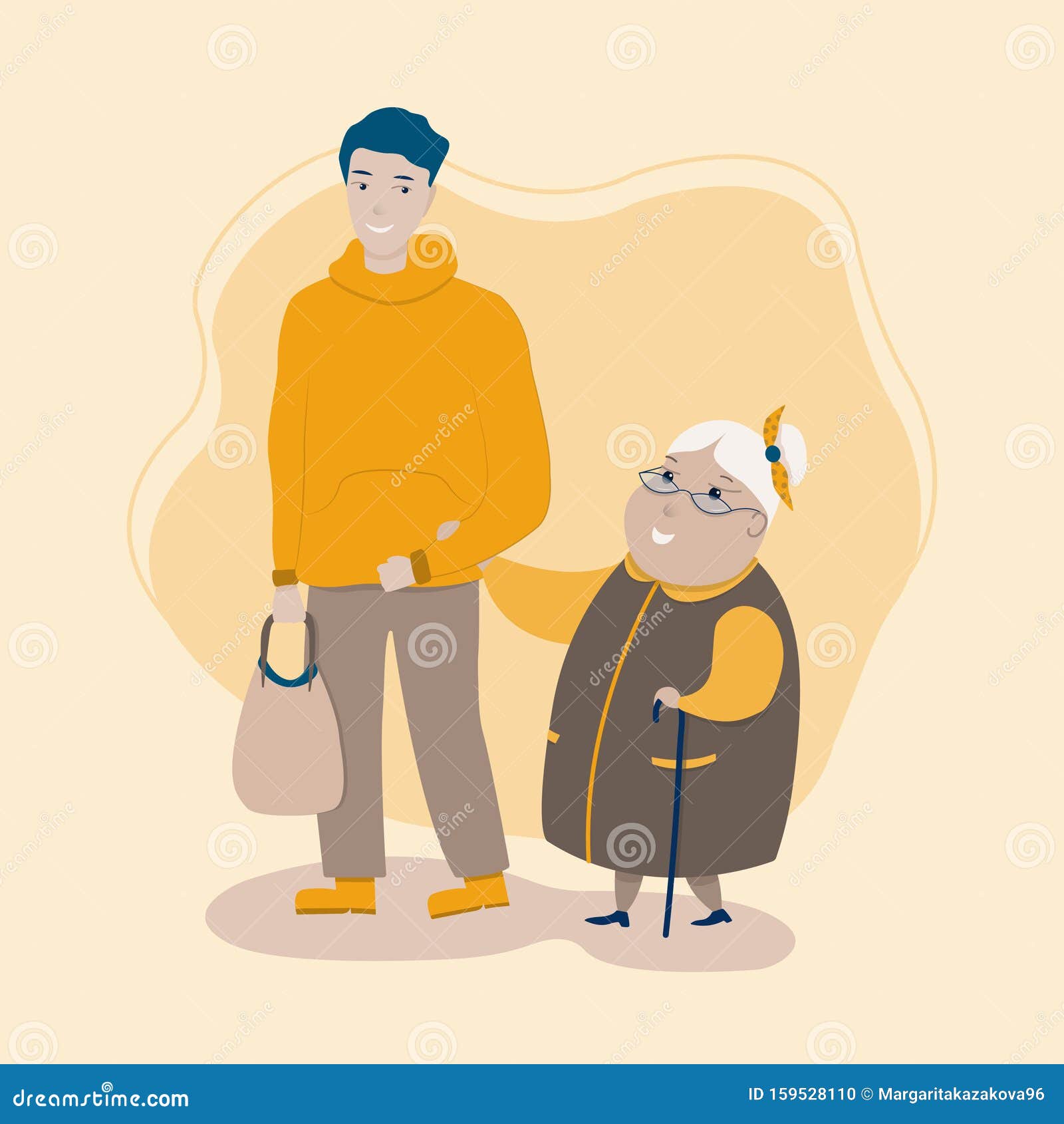 Creative Flat Design. Young Volunteer Man Caring for Elderly Woman ...
