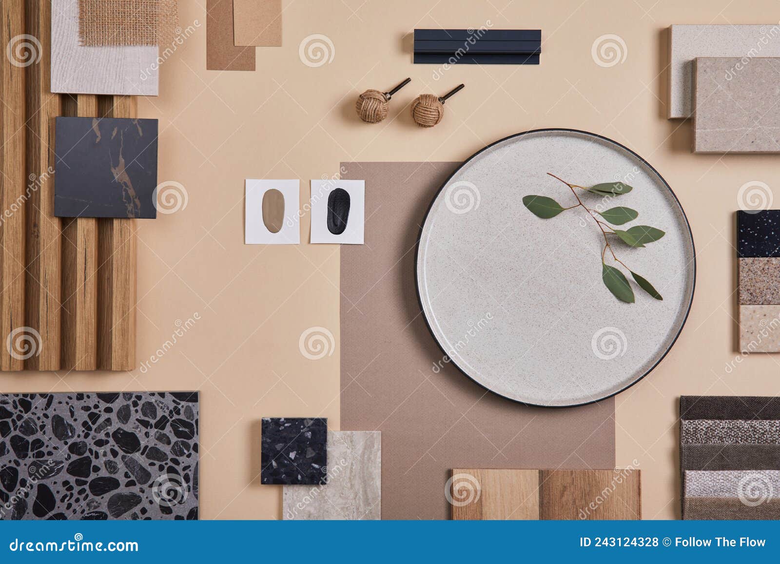 creative flat lay composition of interior er and architect moodboard. textile and paint samples, lamella panels.