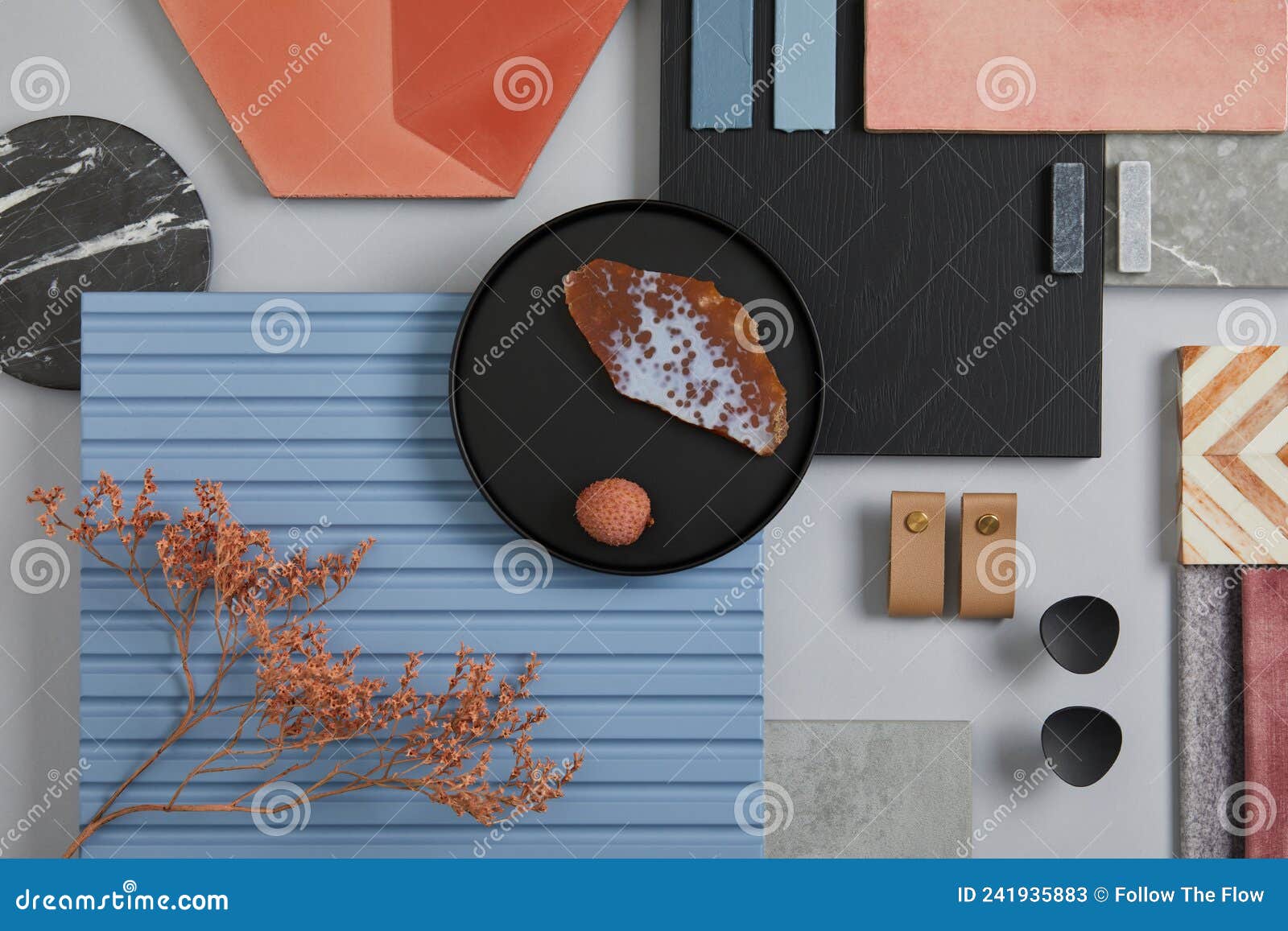 creative flat lay composition of interior er mood board with textile and paint samples, blue lamella panels and tiles.