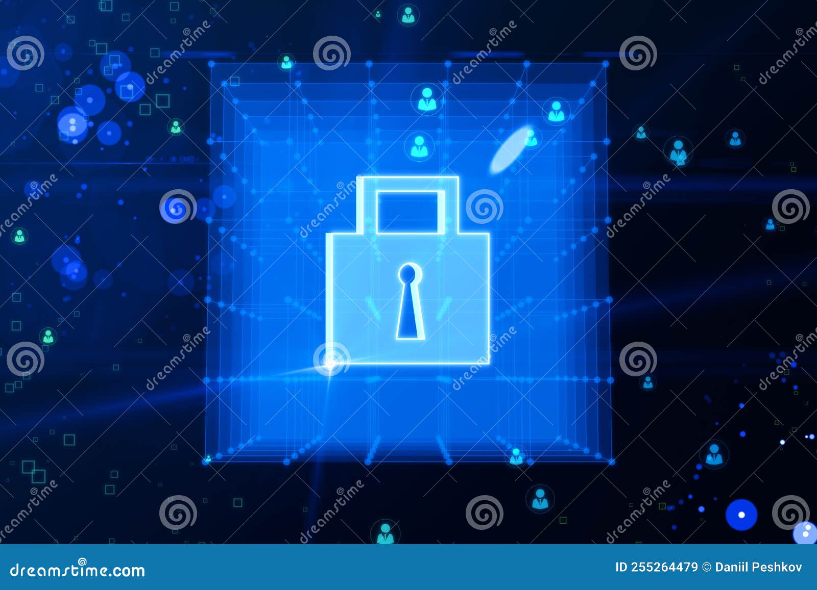 Creative Glowing Padlock Grid Hologram on Blurry Bokeh Backdrop. Secure