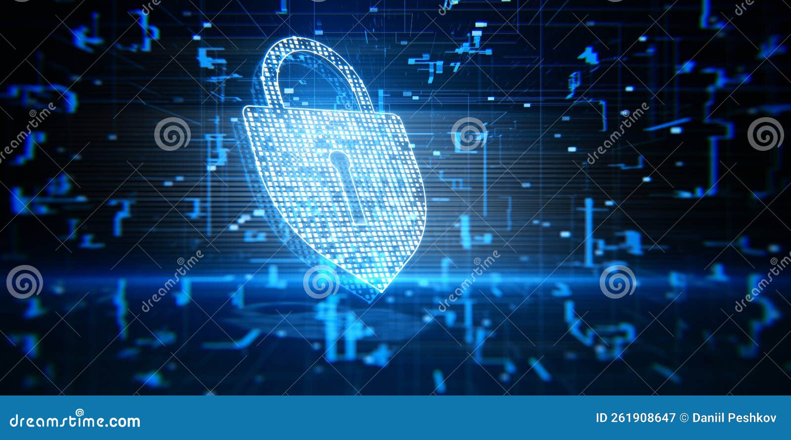 Creative Glowing Digital Padlock Hologram on Blurry Backdrop. Secure