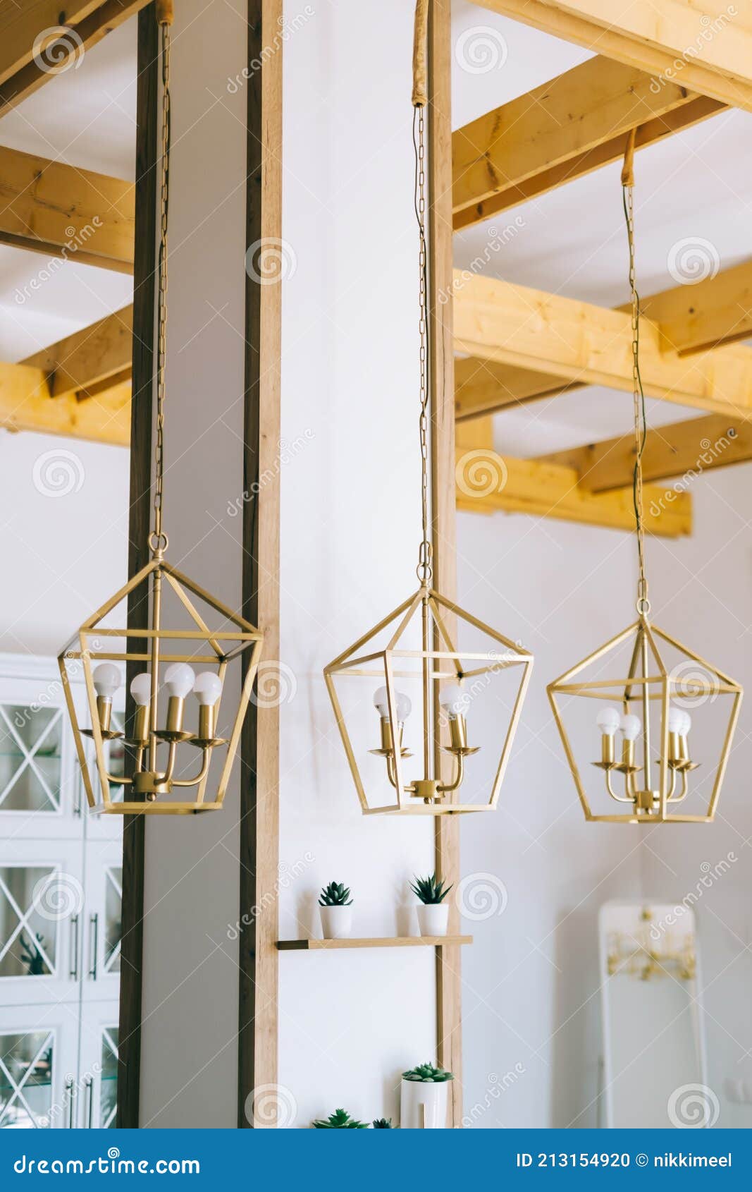 Creative Golden Metal Lampshade in Modern Kitchen Stock Photo Image