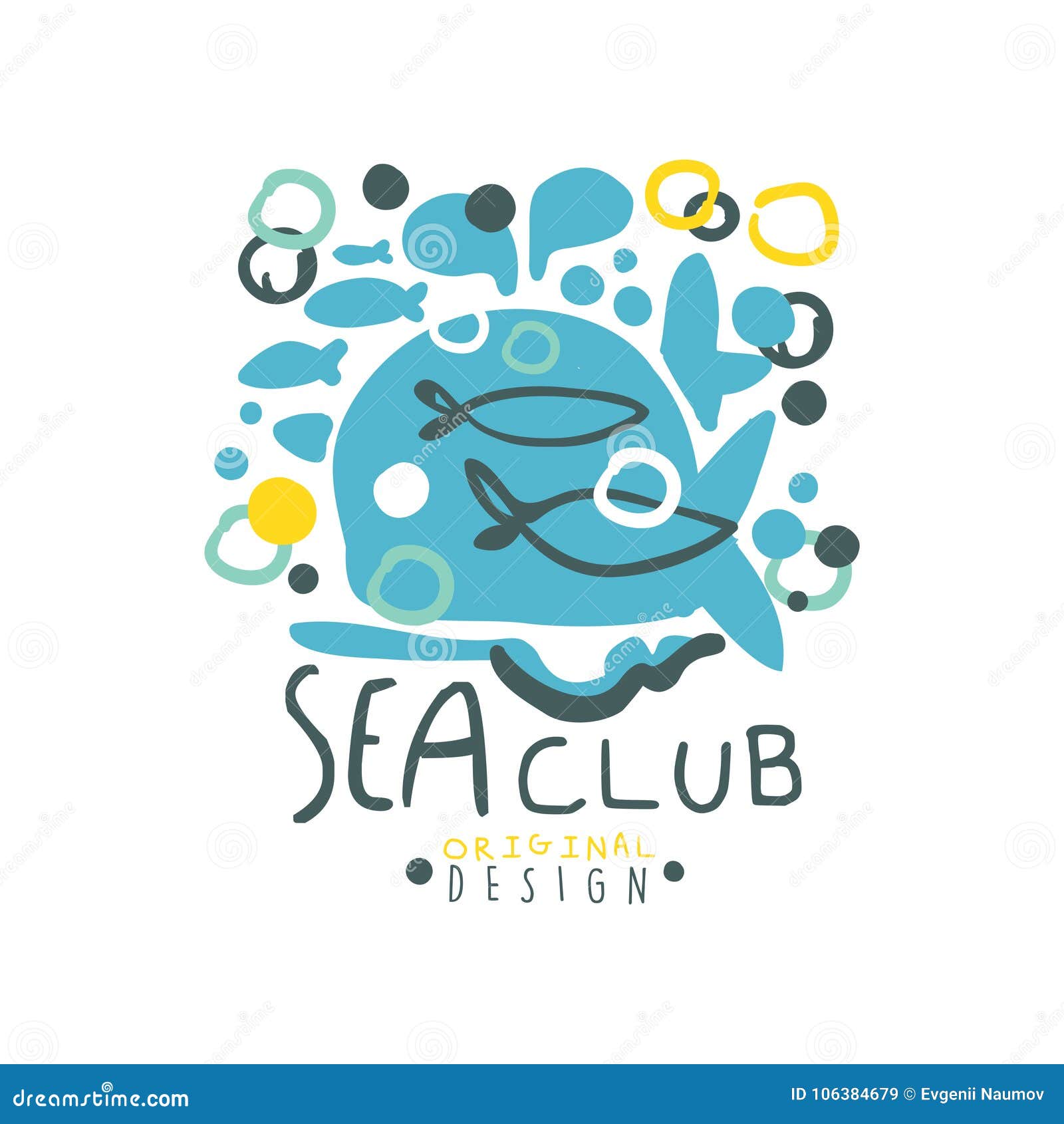 creative hand drawn sea club logo template  with abstract fish and air bubbles in water. marine travel and sport